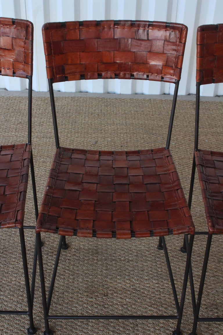Set of Four Vintage Leather and Iron Dining Chairs France 1960s