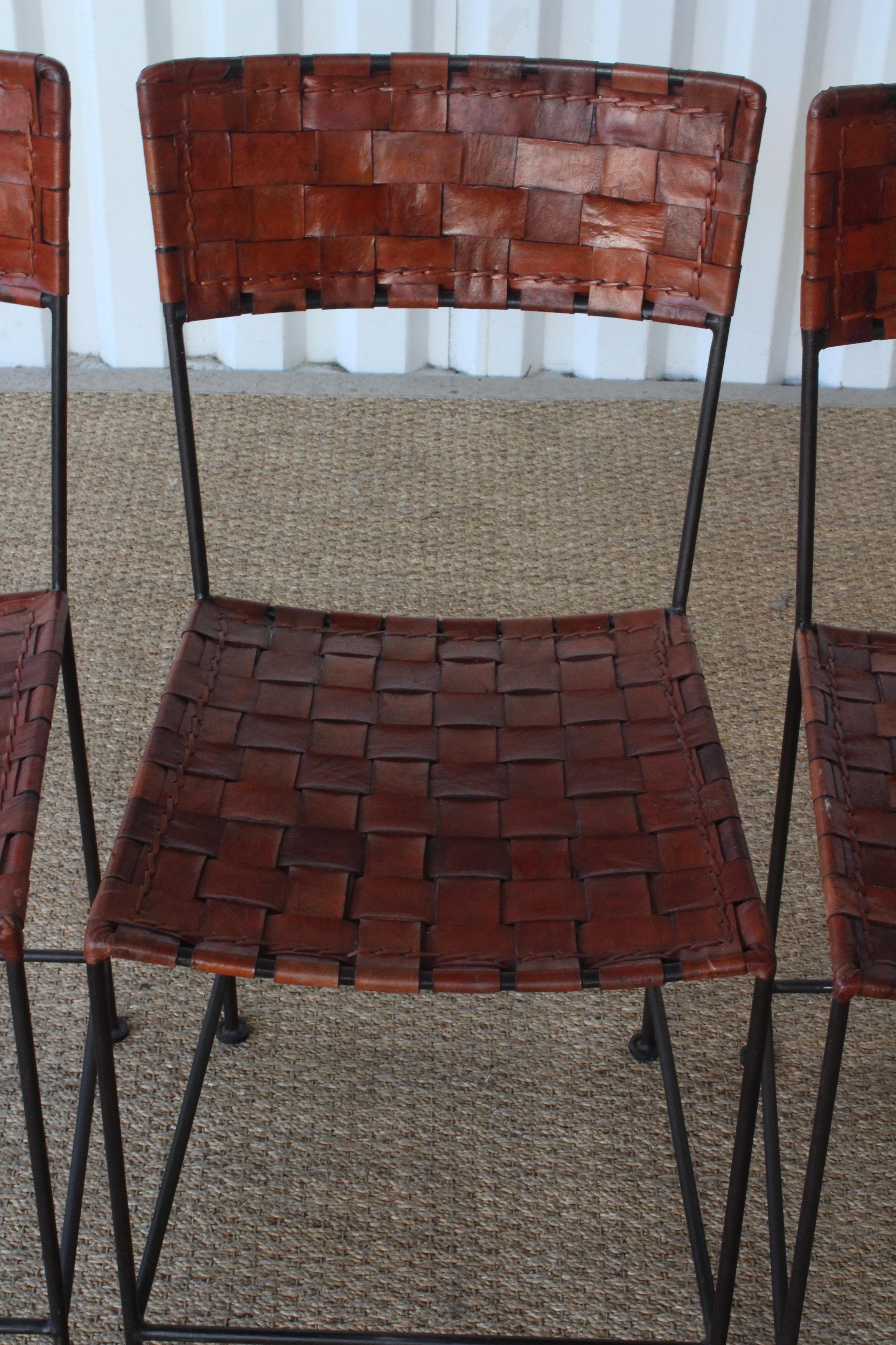 Set of Four Vintage Leather and Iron Dining Chairs, France, 1960s 2