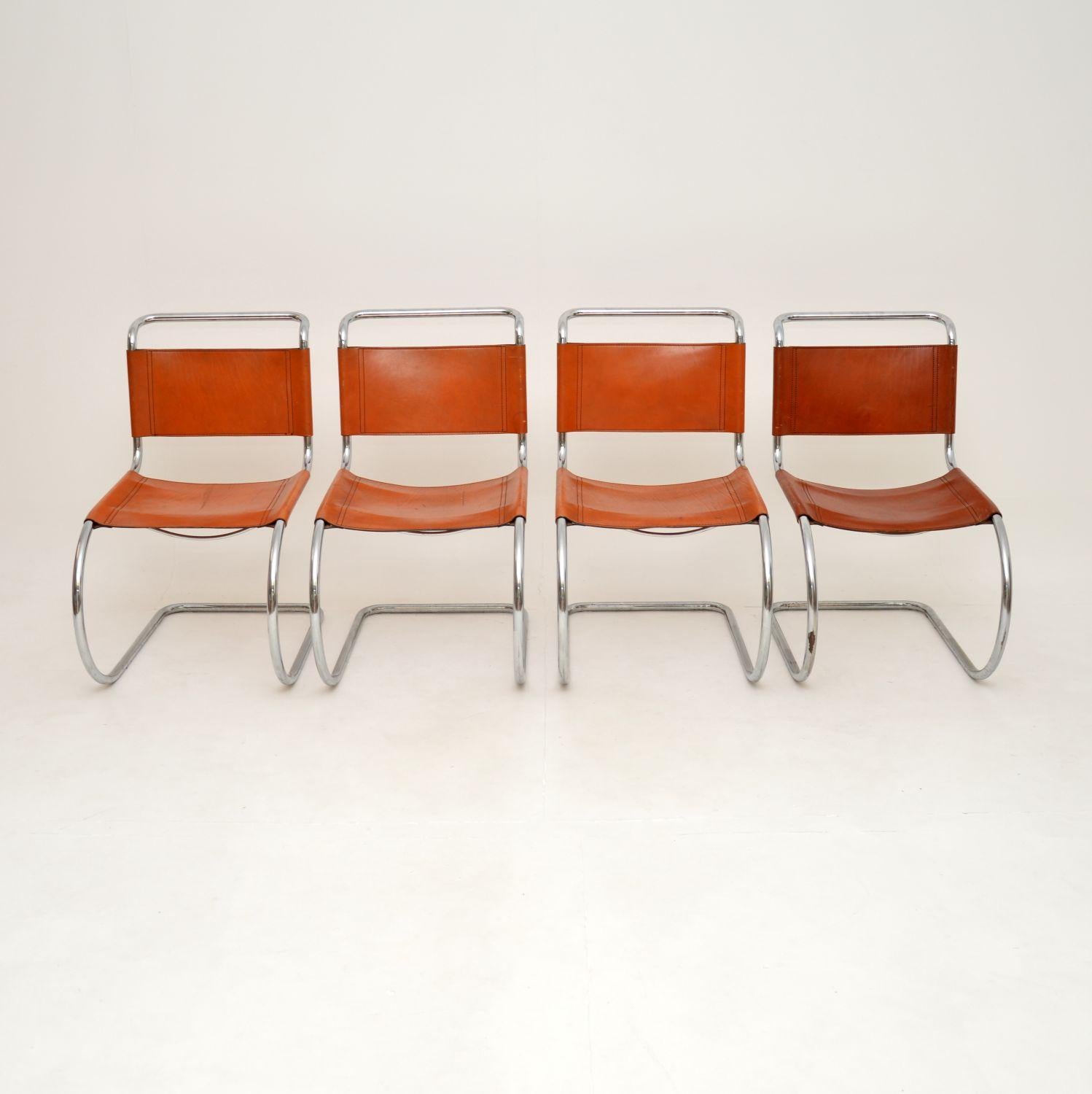 A fantastic set of four vintage leather and steel MR10 chairs by Mies Van Der Rohe. They were made in Italy by Fasem, they date from around the 1970’s.

The quality is outstanding, this is a stylish and iconic design that is also extremely