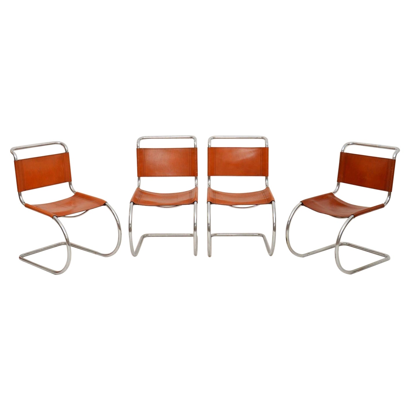 Set of Four Vintage Leather and Steel MR10 Chairs by Mies Van Der Rohe