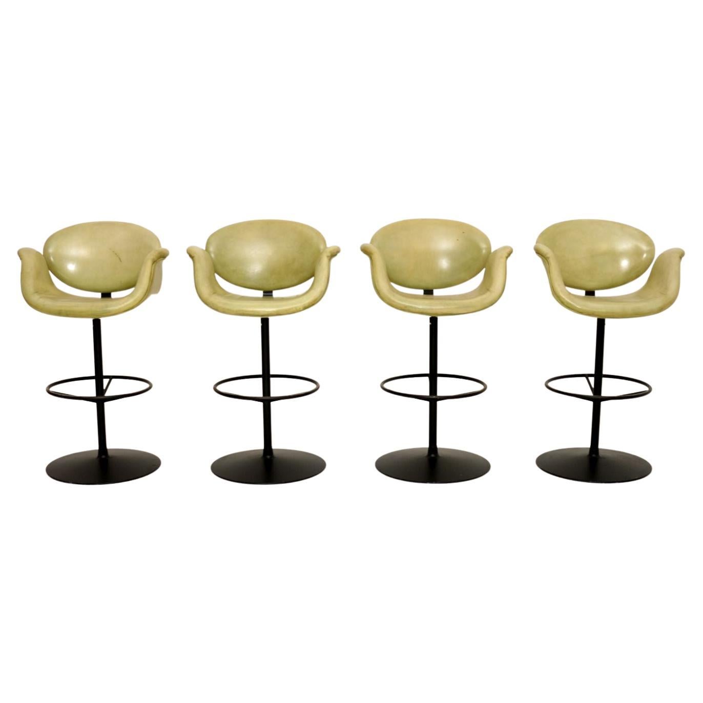 Set of Four Vintage Leather Tulip Bar Stools by Pierre Paulin