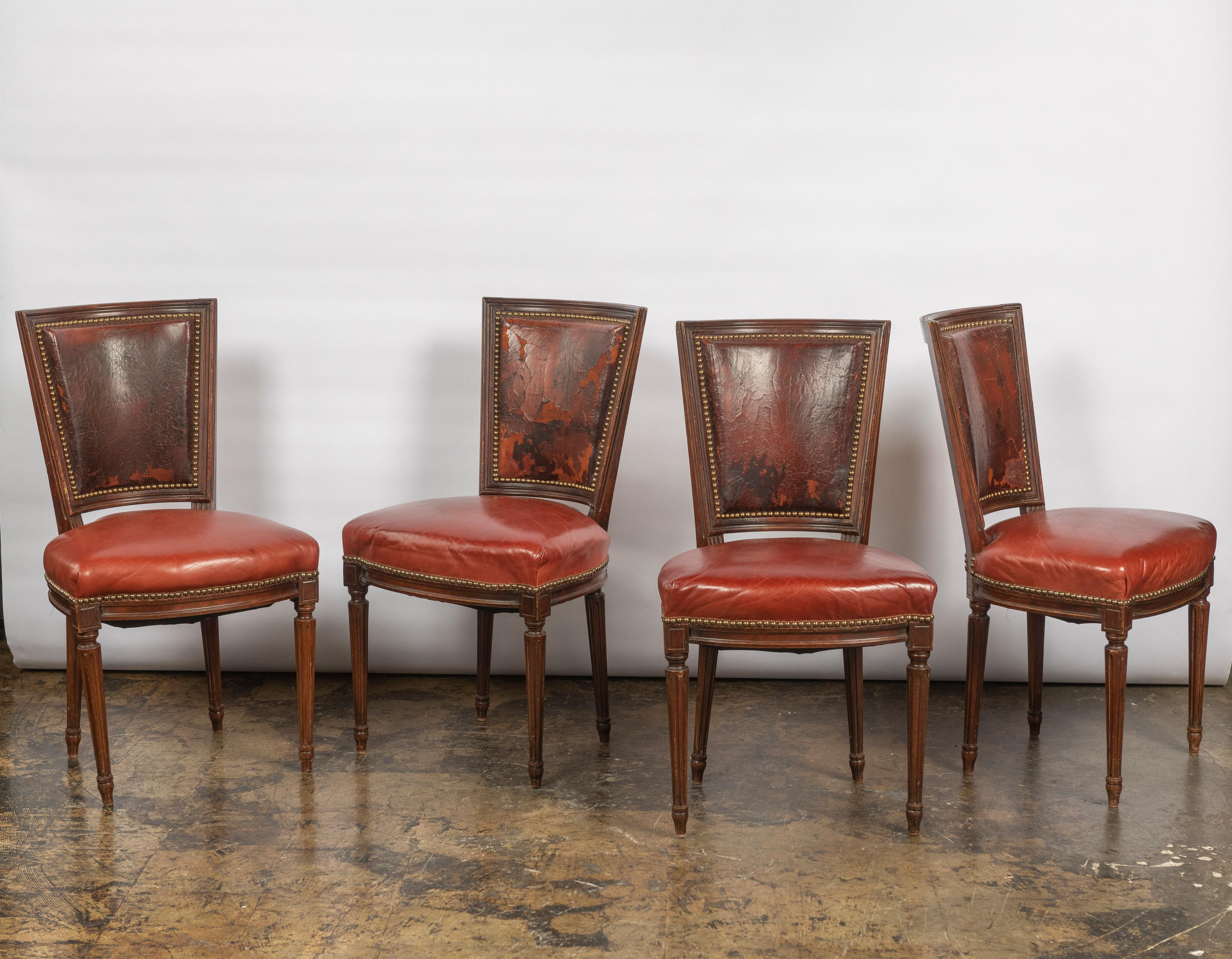 Set of Four Vintage Louis XVI Style Dining Chairs Upholstered in Leather 5