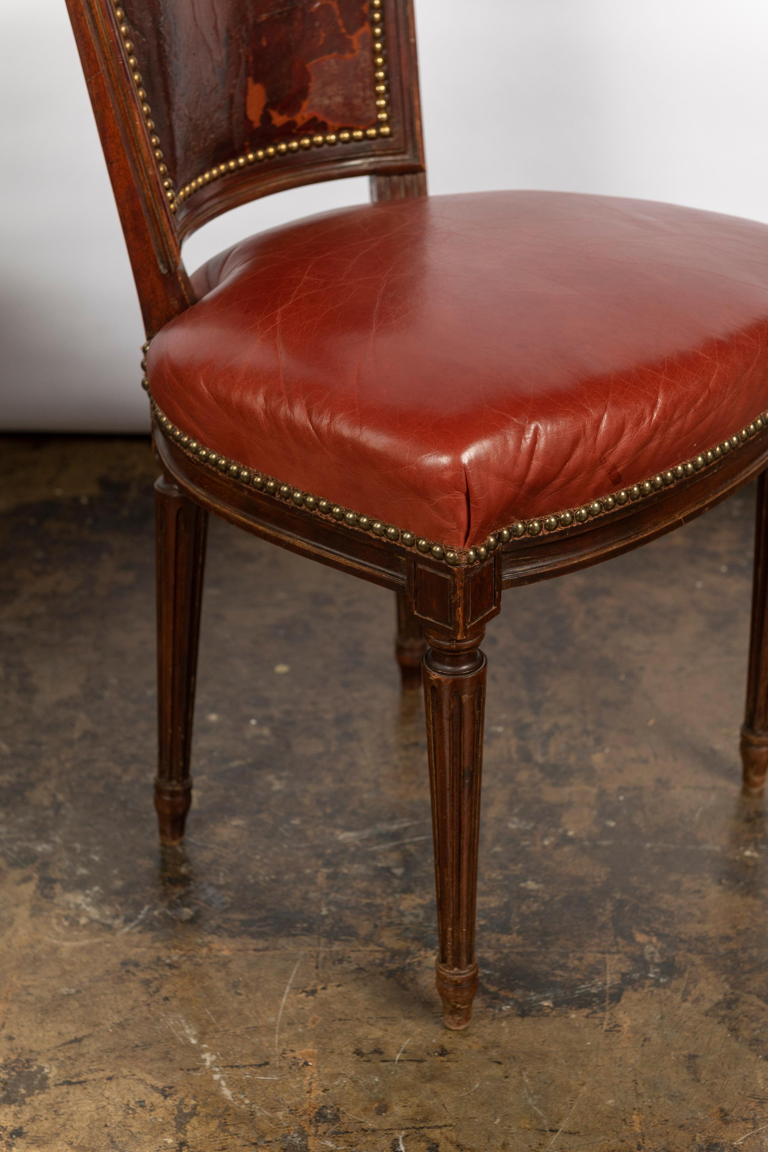 Set of Four Vintage Louis XVI Style Dining Chairs Upholstered in Leather In Good Condition In San Francisco, CA