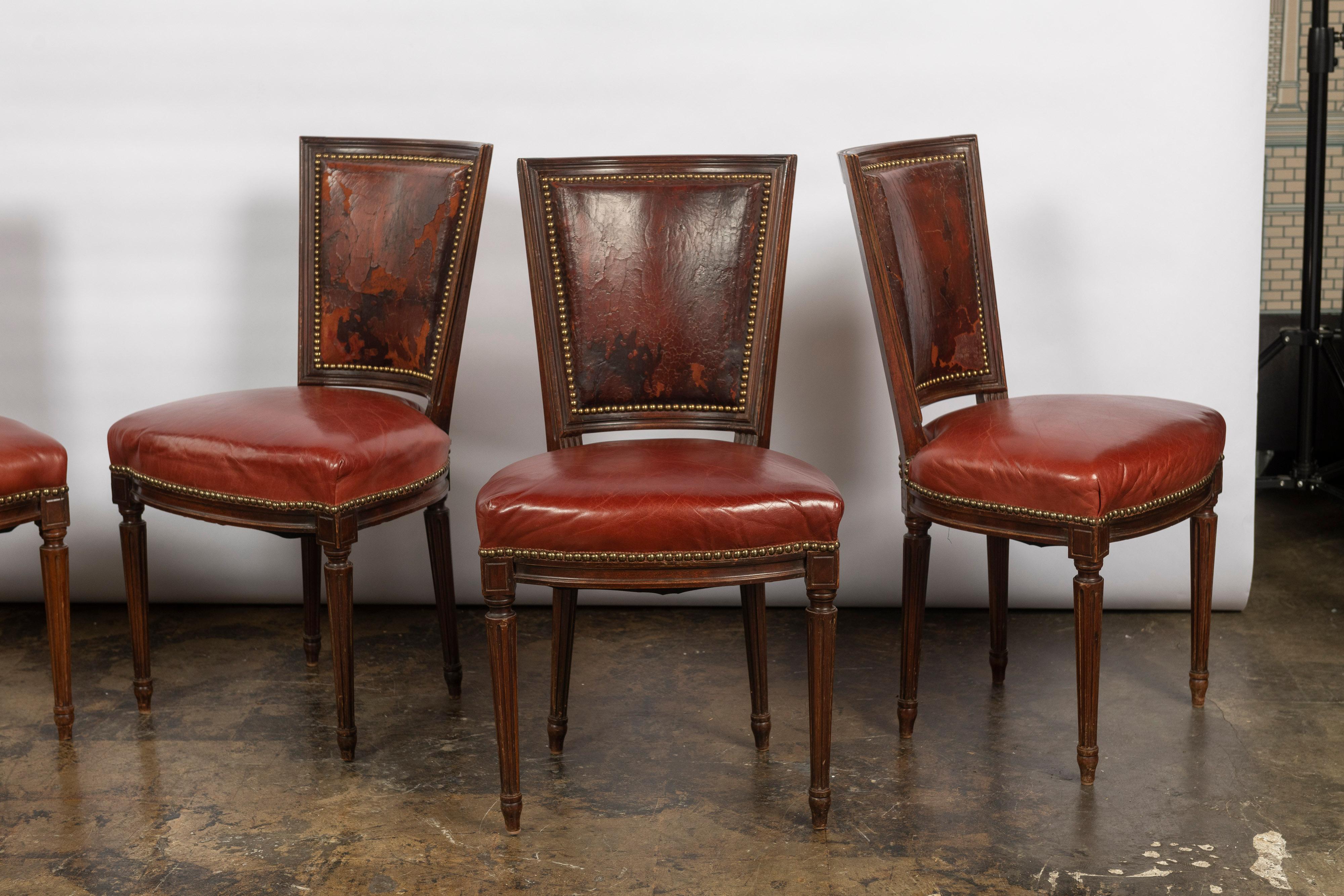 Set of Four Vintage Louis XVI Style Dining Chairs Upholstered in Leather 3
