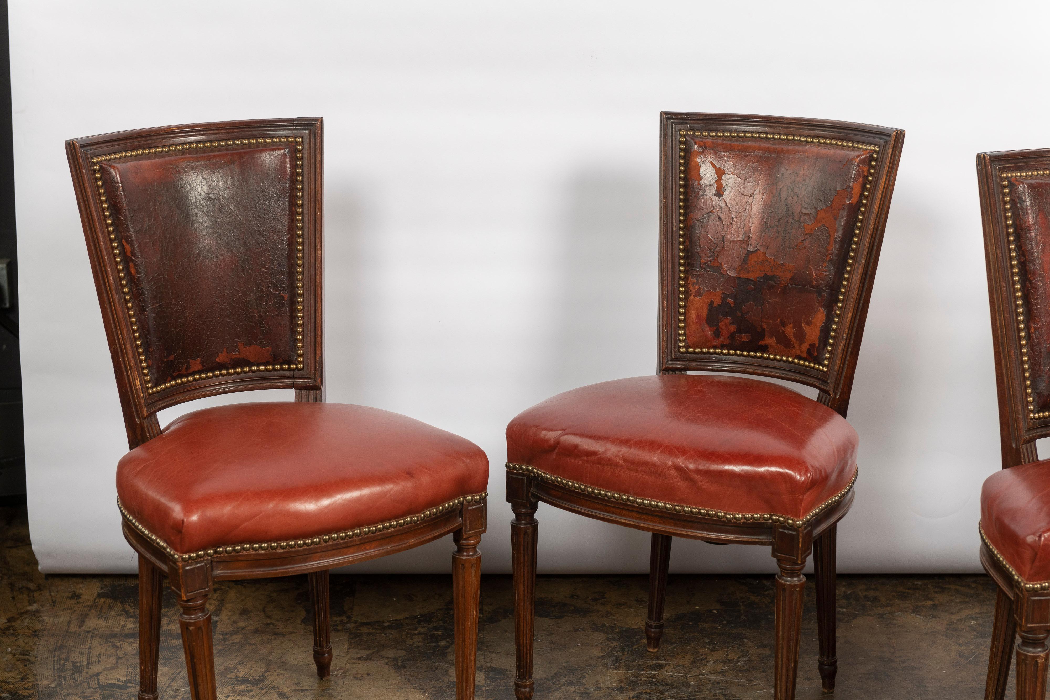 Set of Four Vintage Louis XVI Style Dining Chairs Upholstered in Leather 4