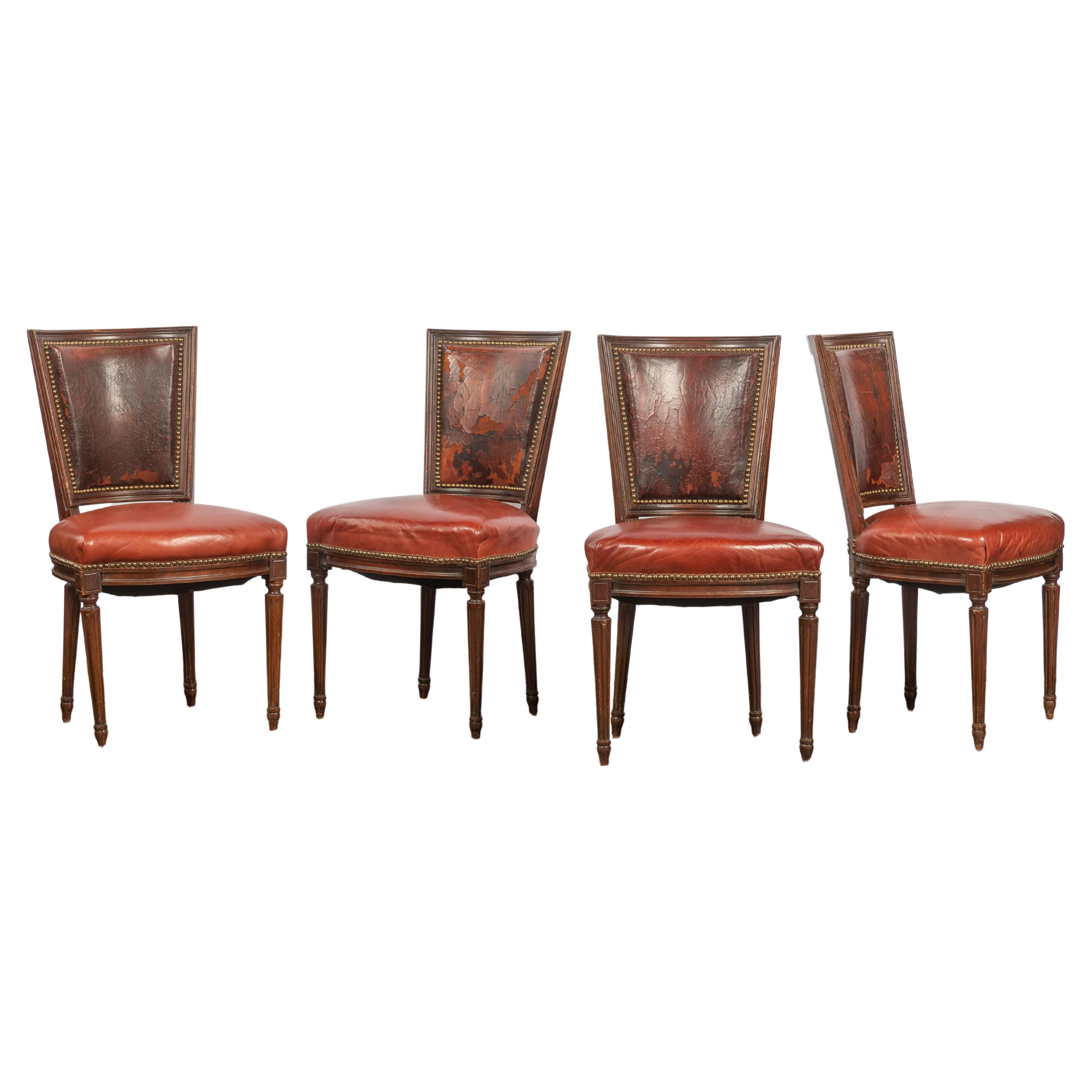 Set of Four Vintage Louis XVI Style Dining Chairs Upholstered in Leather