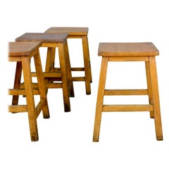 Set of Four Used, Low, Lab Stools, English, Beech, Seats, 20th Century