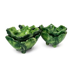 Set of Six Vintage Majolica Cabbage Leaf Bowls, Mid-Century Style