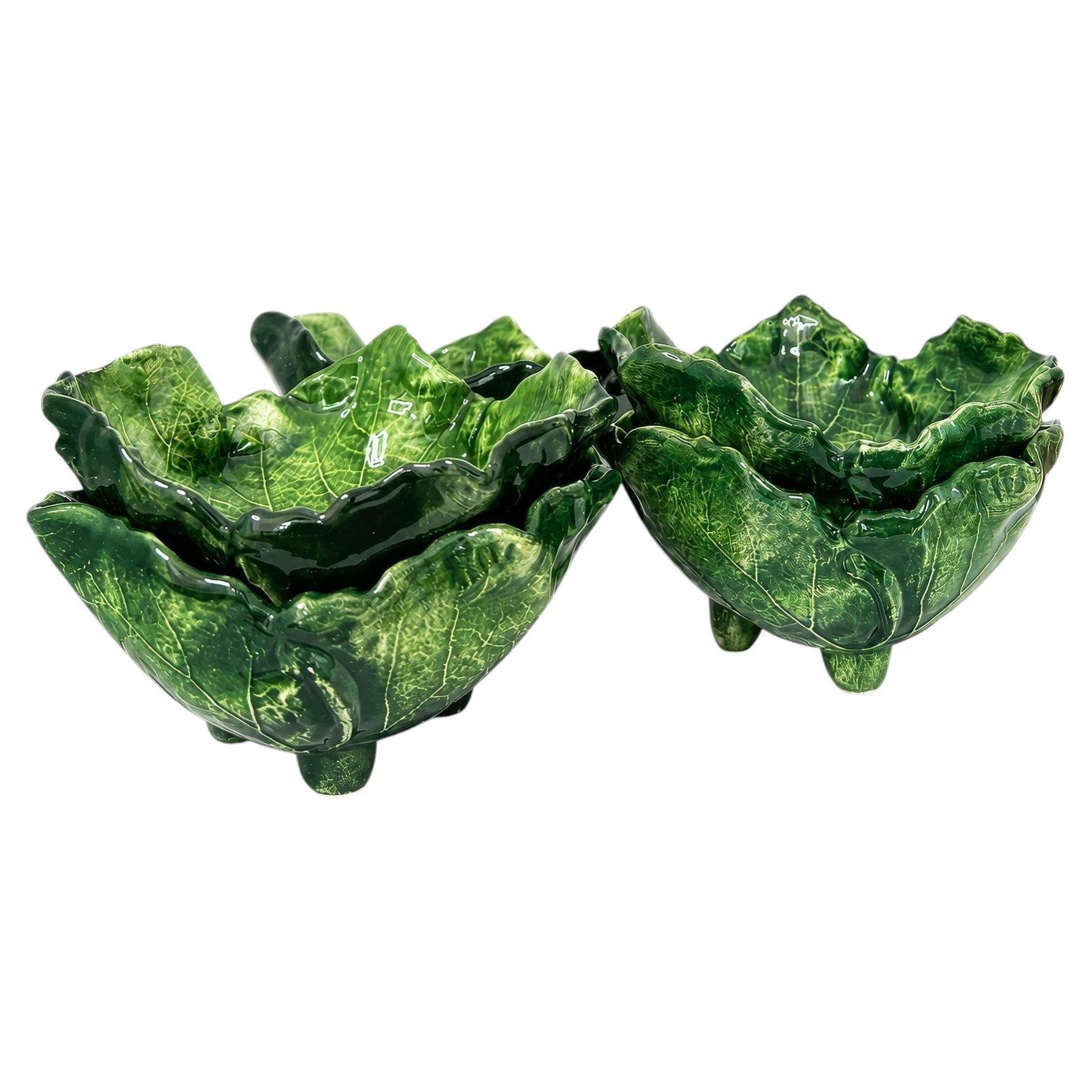 Set of Six Vintage Vietri Hand-Painted Italian Leaf Bowls For Sale