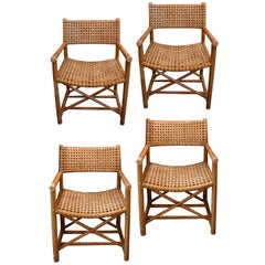 Set of Four Vintage McGuire Rattan and Leather Chairs