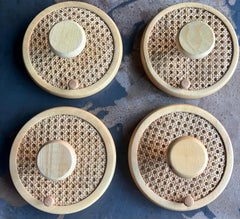 Set of Four Vintage Mid-Century Modern Italian Coat Wall Hooks in Wood and Straw