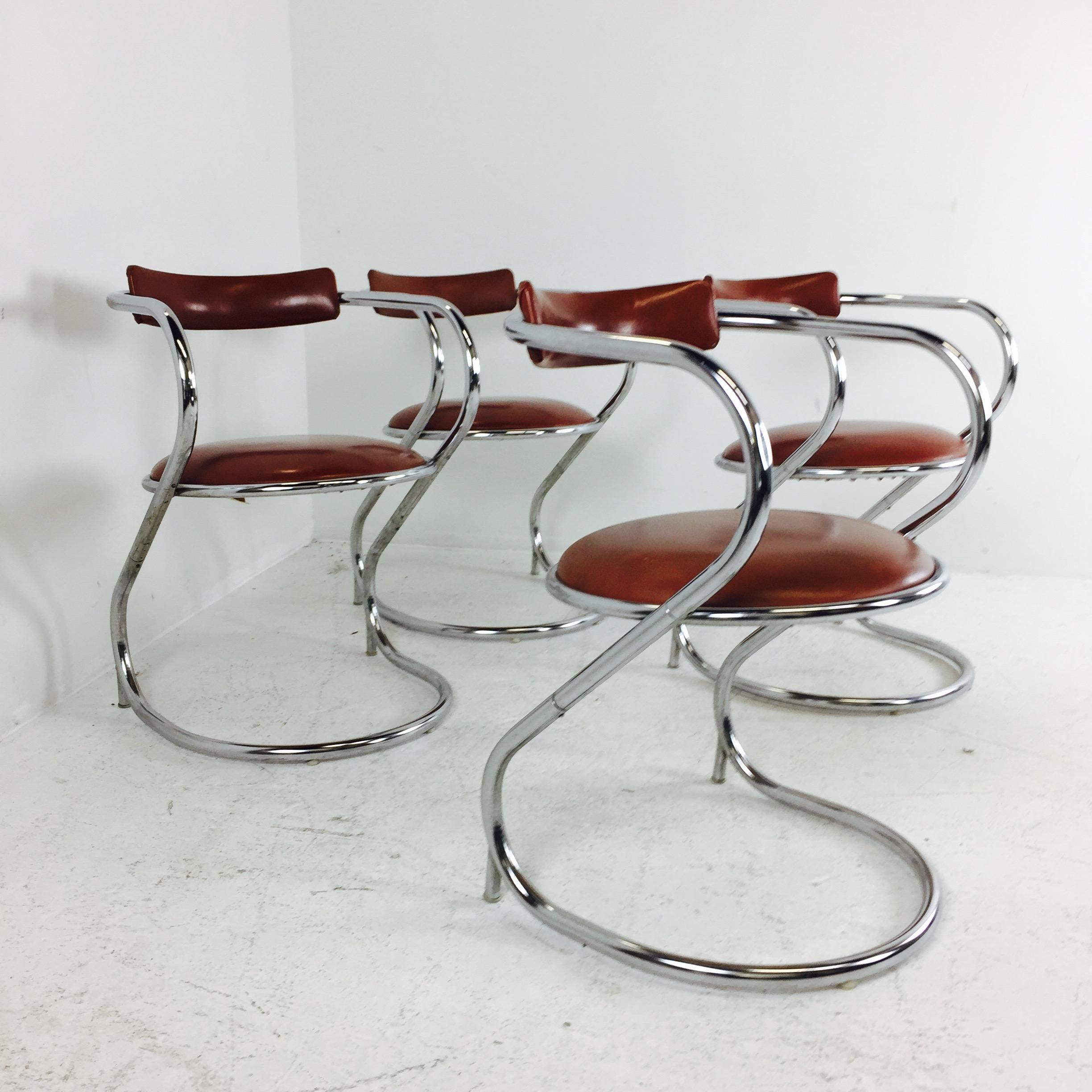 Plated Set of Four Vintage Midcentury Chrome Cantilever Dining Chairs