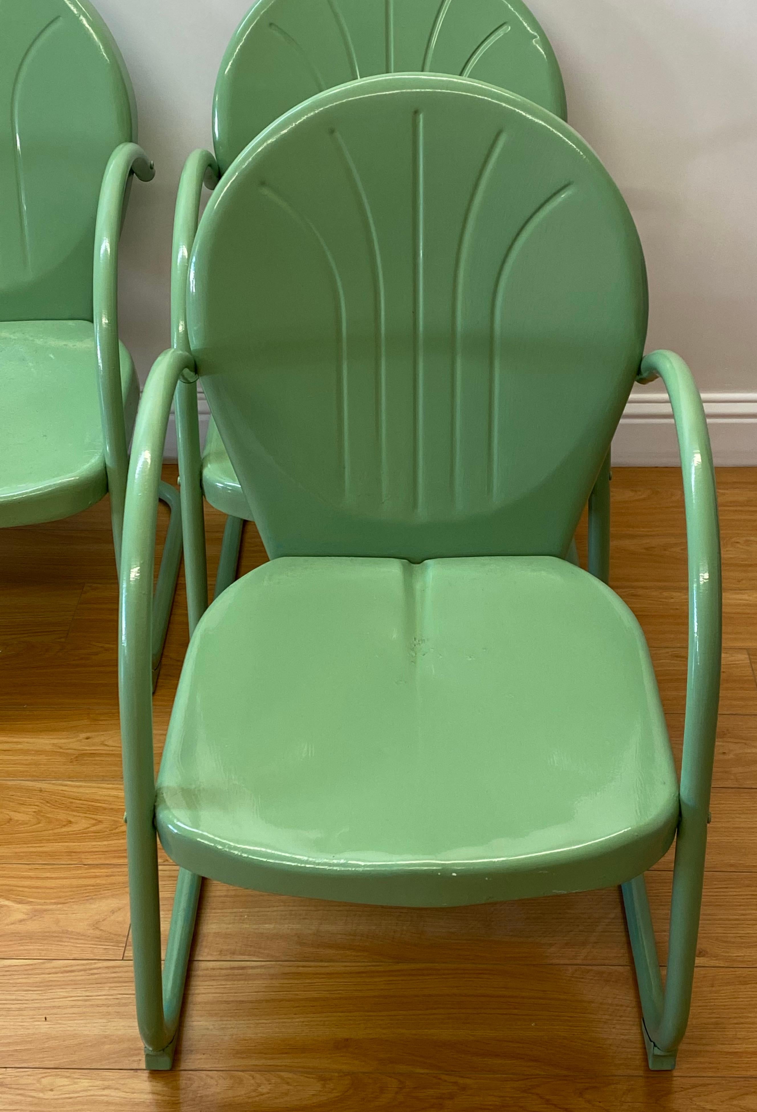 American Set of Four Vintage Mint Green Enameled Metal Patio Garden Chairs, C.1940s