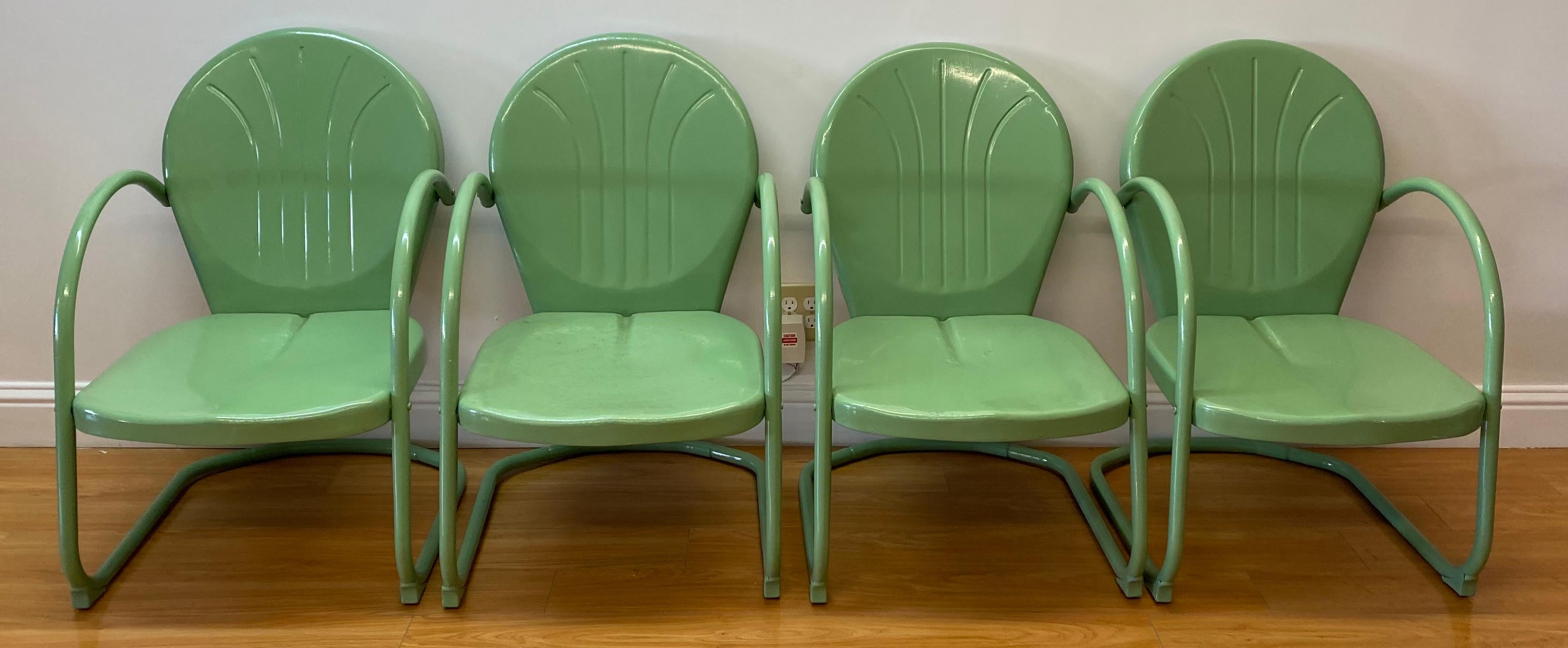 Hand-Crafted Set of Four Vintage Mint Green Enameled Metal Patio Garden Chairs, C.1940s