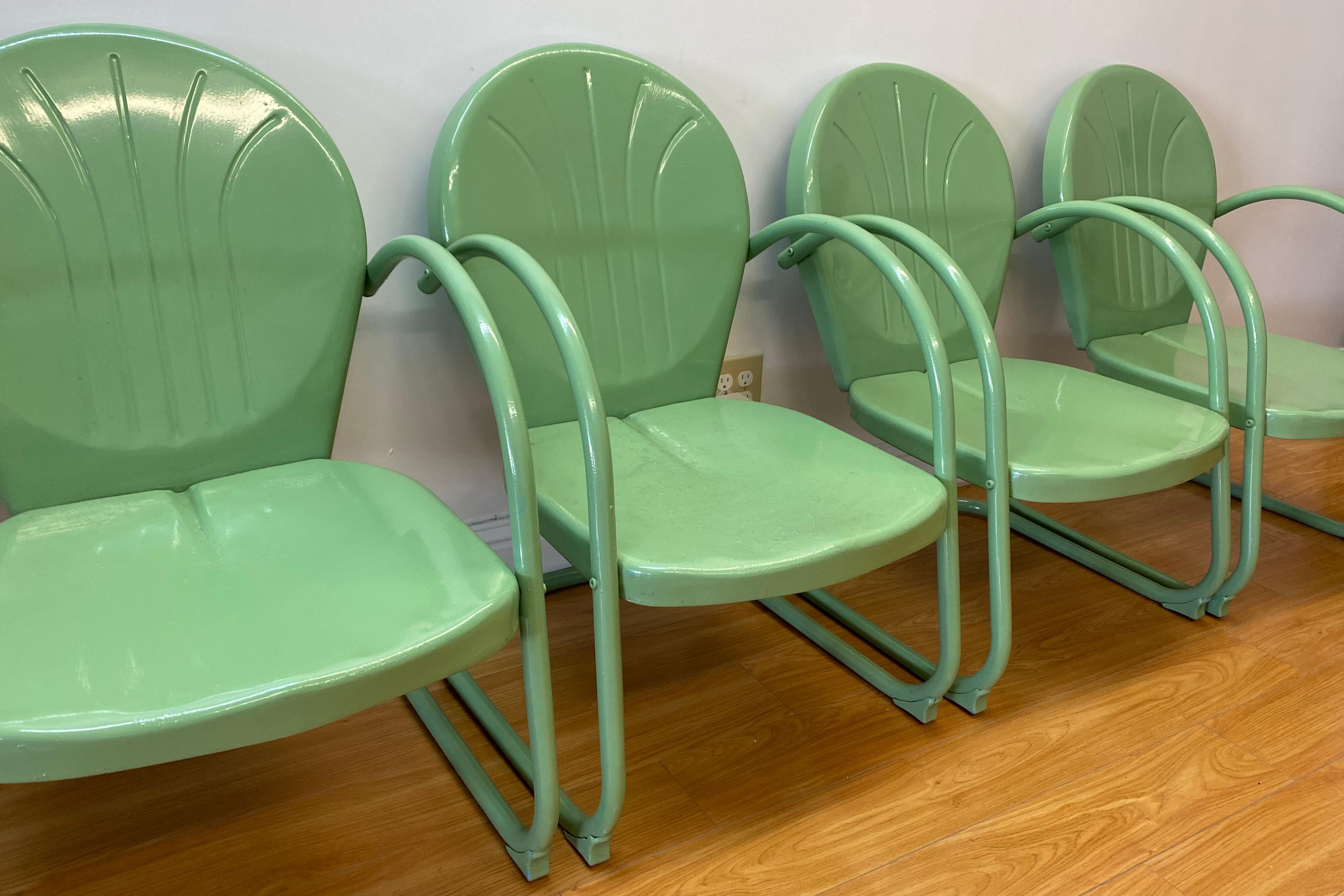 20th Century Set of Four Vintage Mint Green Enameled Metal Patio Garden Chairs, C.1940s