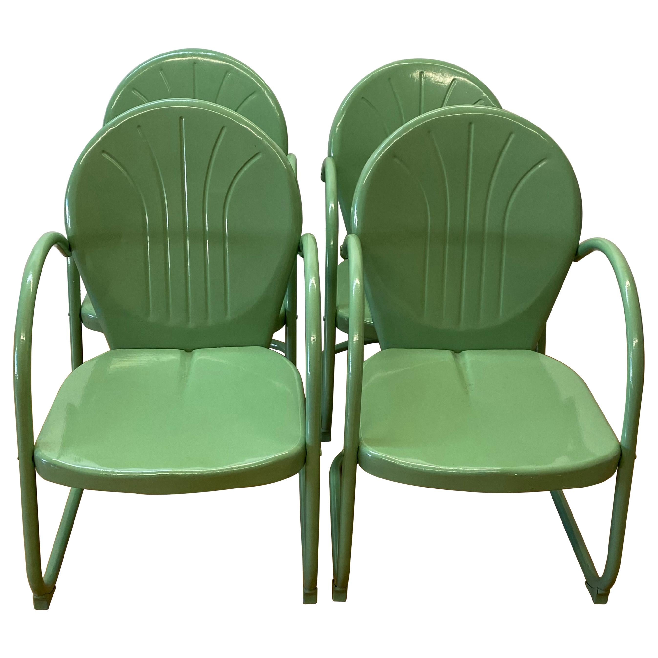 Set of Four Vintage Mint Green Enameled Metal Patio Garden Chairs, C.1940s