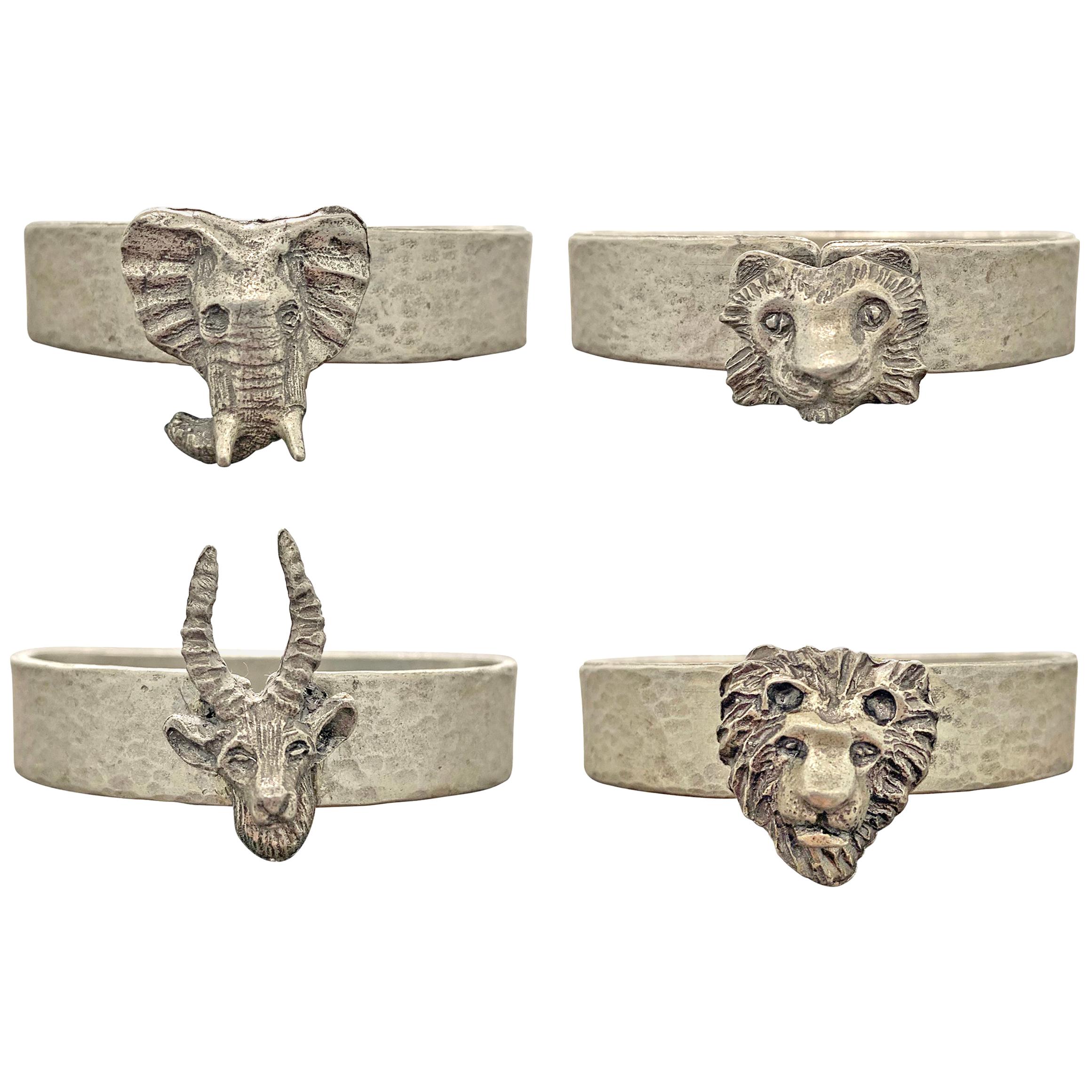 Set of Four Vintage Pewter Safari Themed Napkin Rings