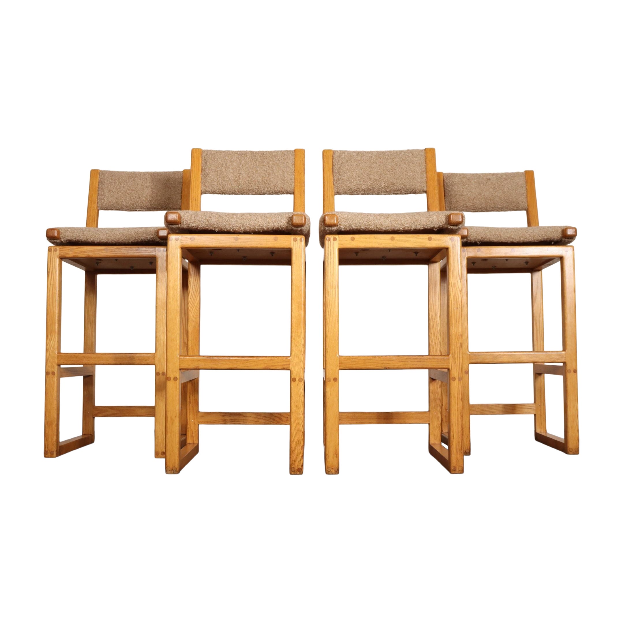 Set of Four Vintage Postmodern Swiveling Bar Stools in Oak and Tawny Bouclé