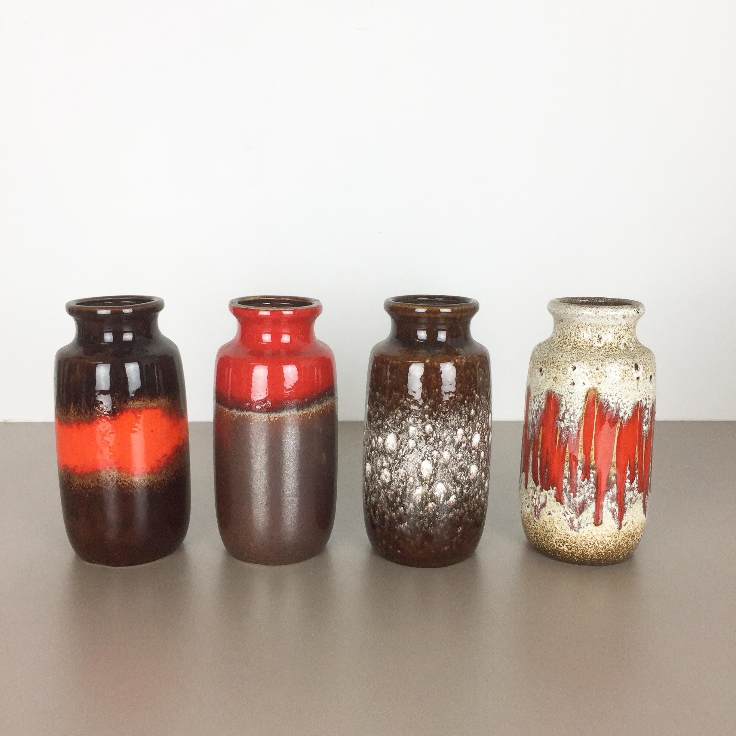 Mid-Century Modern Set of Four Vintage Pottery Fat Lava Vases Made by Scheurich, Germany, 1970s