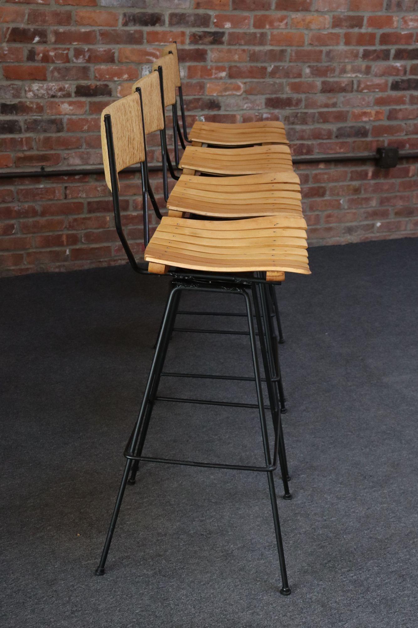 Set of Four Vintage Rush and Iron Swiveling Bar Stools by Arthur Umanoff 13