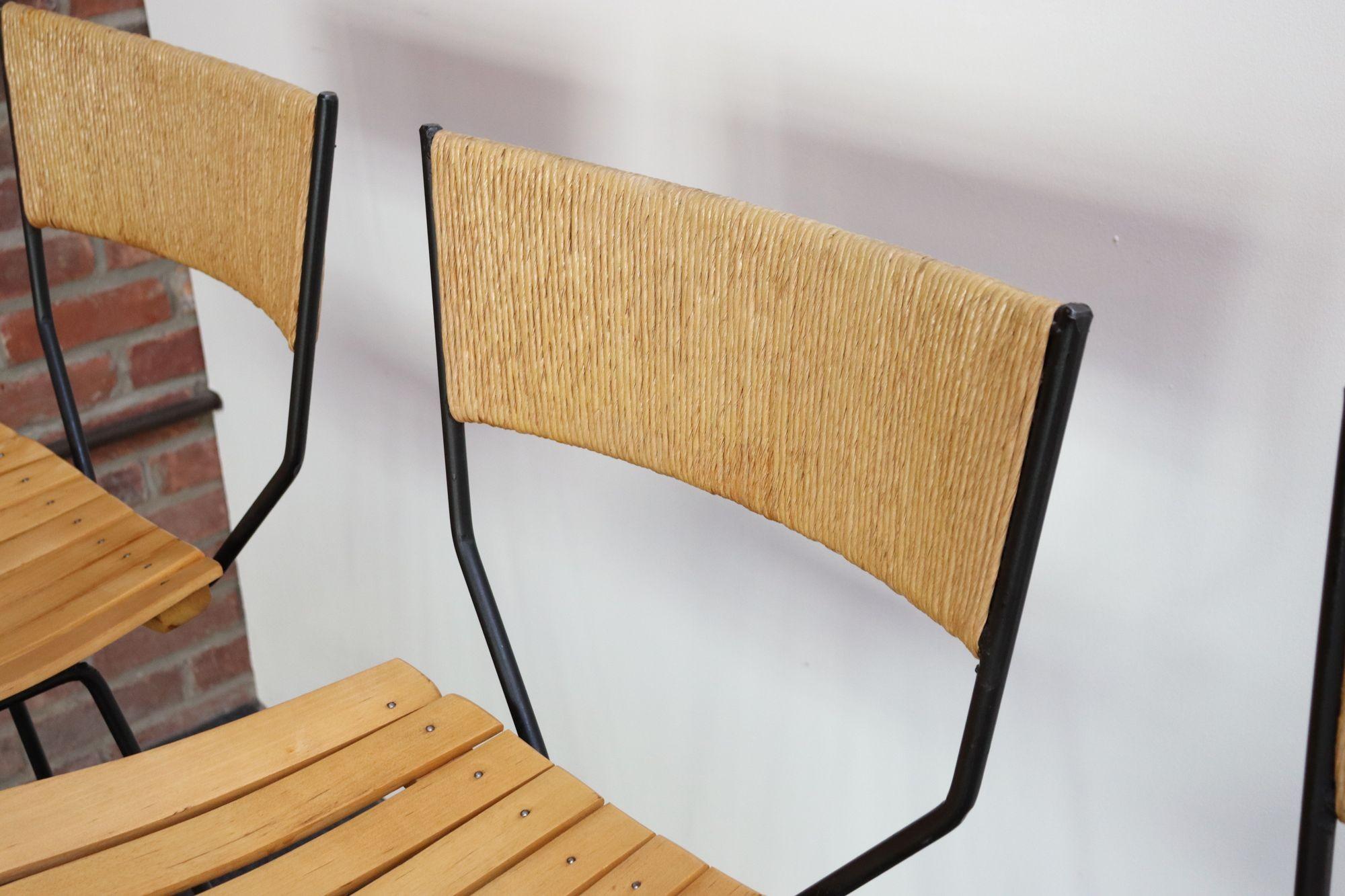 Set of Four Vintage Rush and Iron Swiveling Bar Stools by Arthur Umanoff 1
