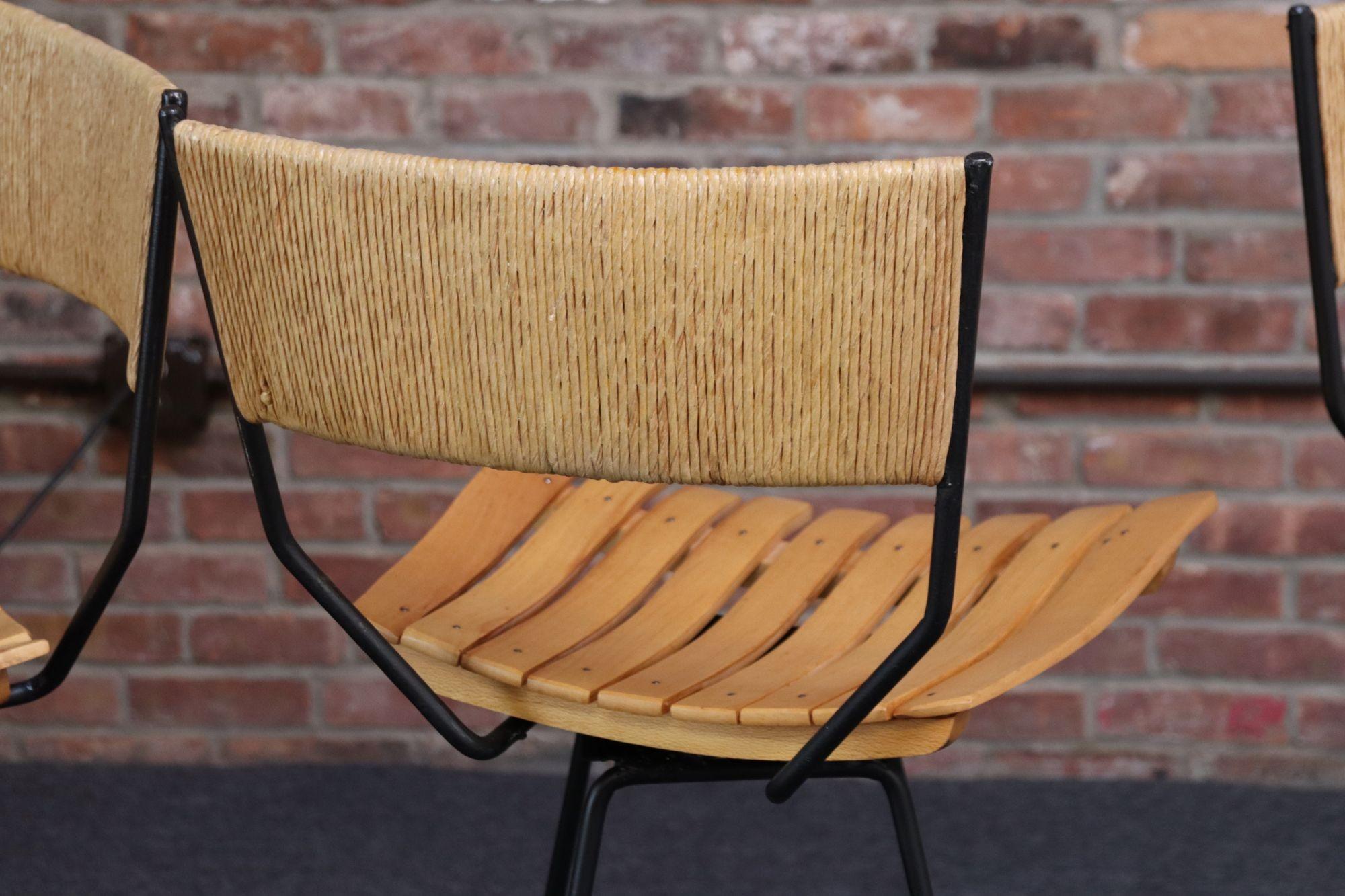 Set of Four Vintage Rush and Iron Swiveling Bar Stools by Arthur Umanoff 2