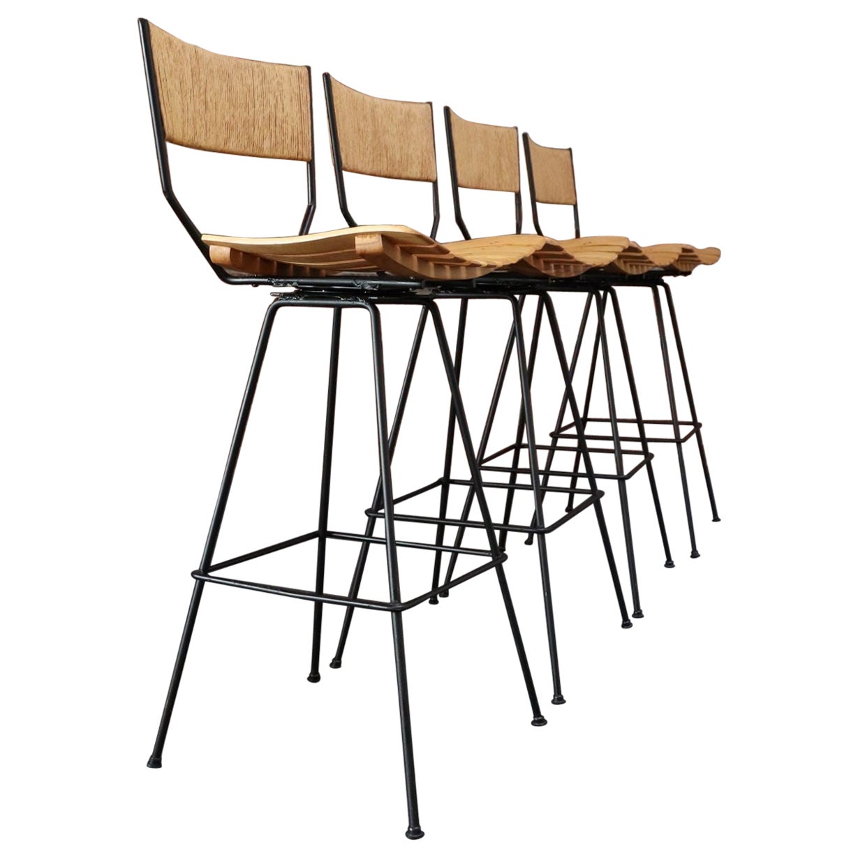 Set of Four Vintage Rush and Iron Swiveling Bar Stools by Arthur Umanoff