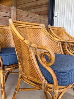 Set of Four Vintage Rustic Rattan Dining Armchairs by Henry Link