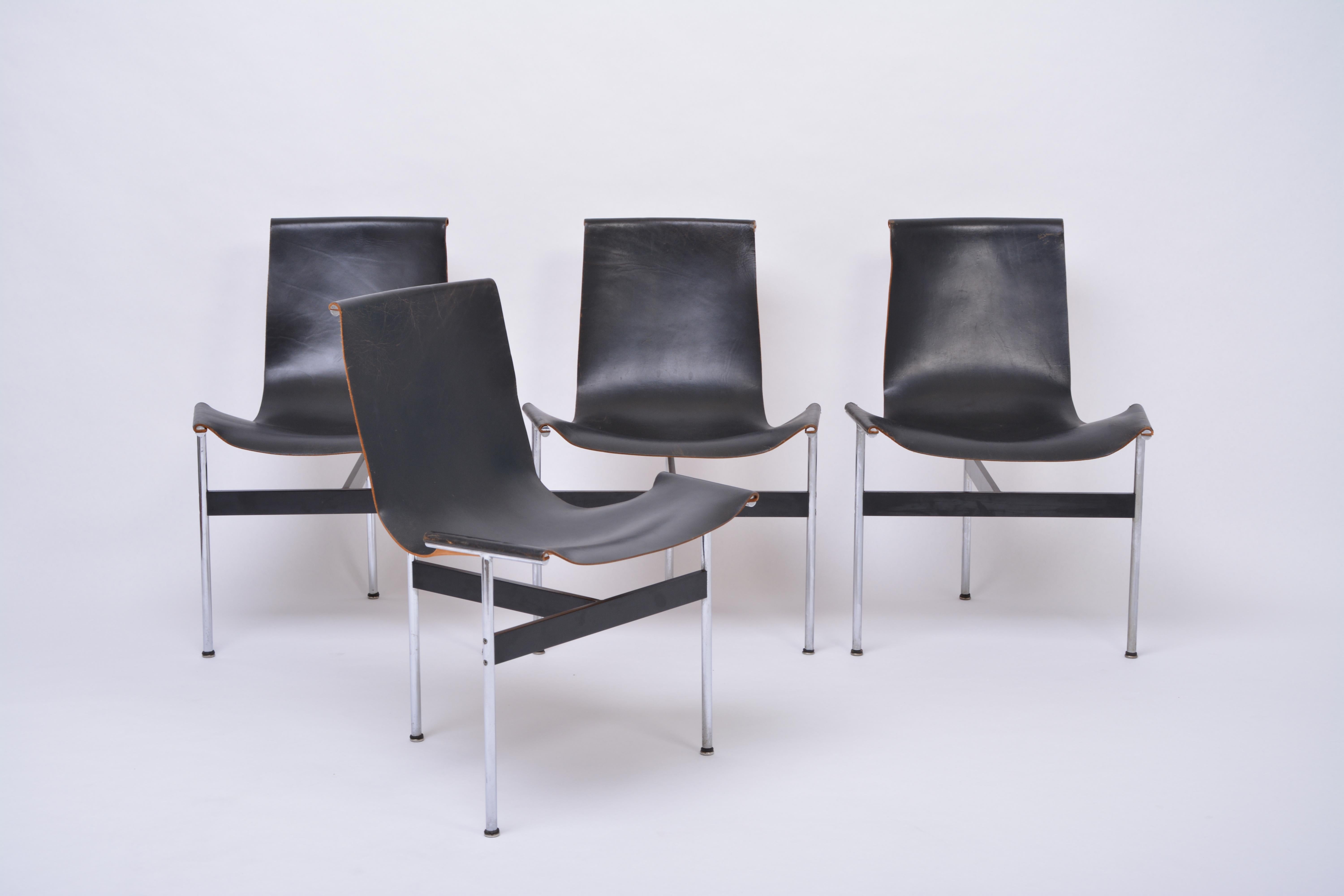 Mid-Century Modern Set of Four Midcentury T-Chairs in black Leather by Katavolos, Littell and Kelly