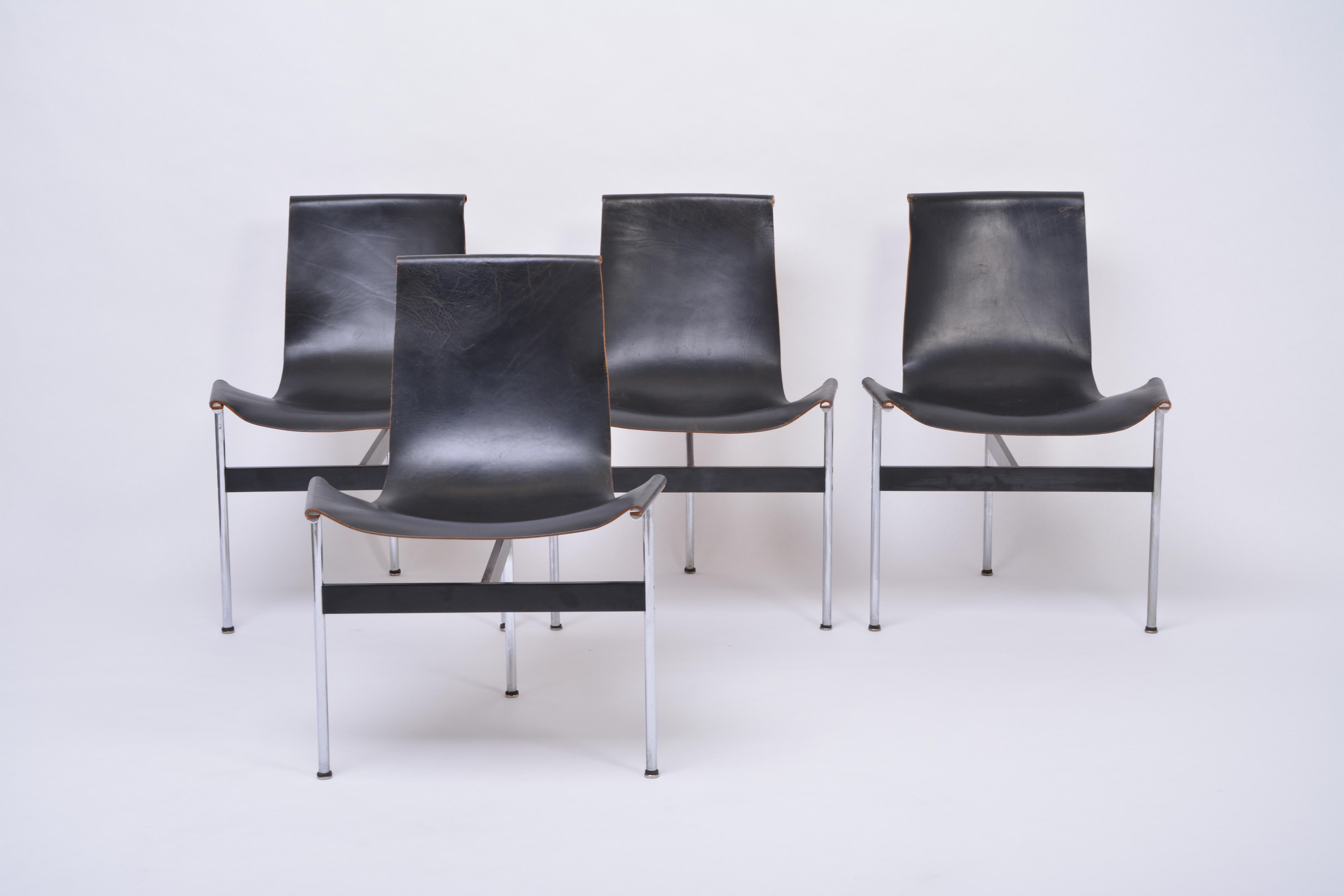 American Set of Four Midcentury T-Chairs in black Leather by Katavolos, Littell and Kelly