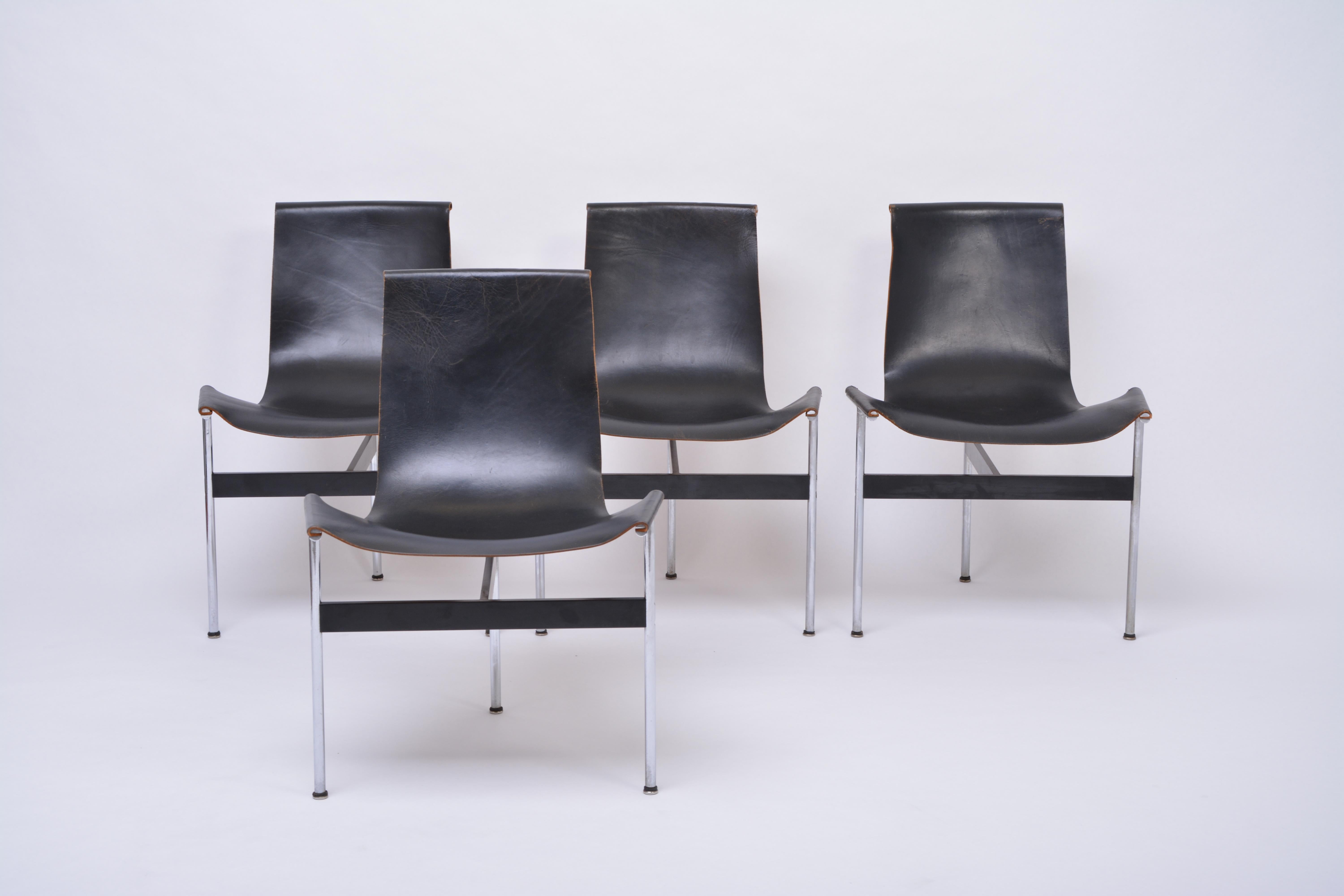Set of Four Midcentury T-Chairs in black Leather by Katavolos, Littell and Kelly In Good Condition In Berlin, DE