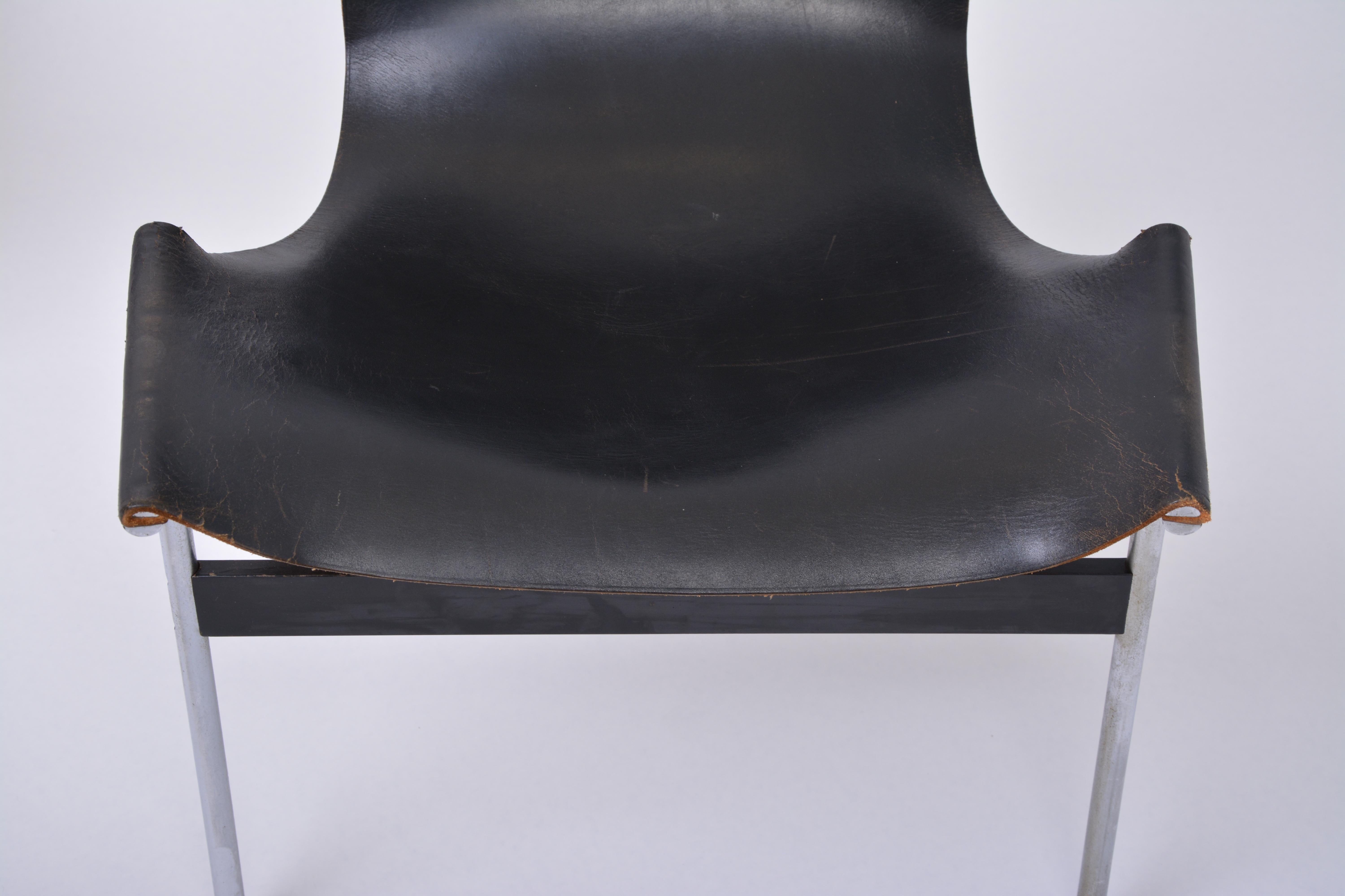 Steel Set of Four Midcentury T-Chairs in black Leather by Katavolos, Littell and Kelly