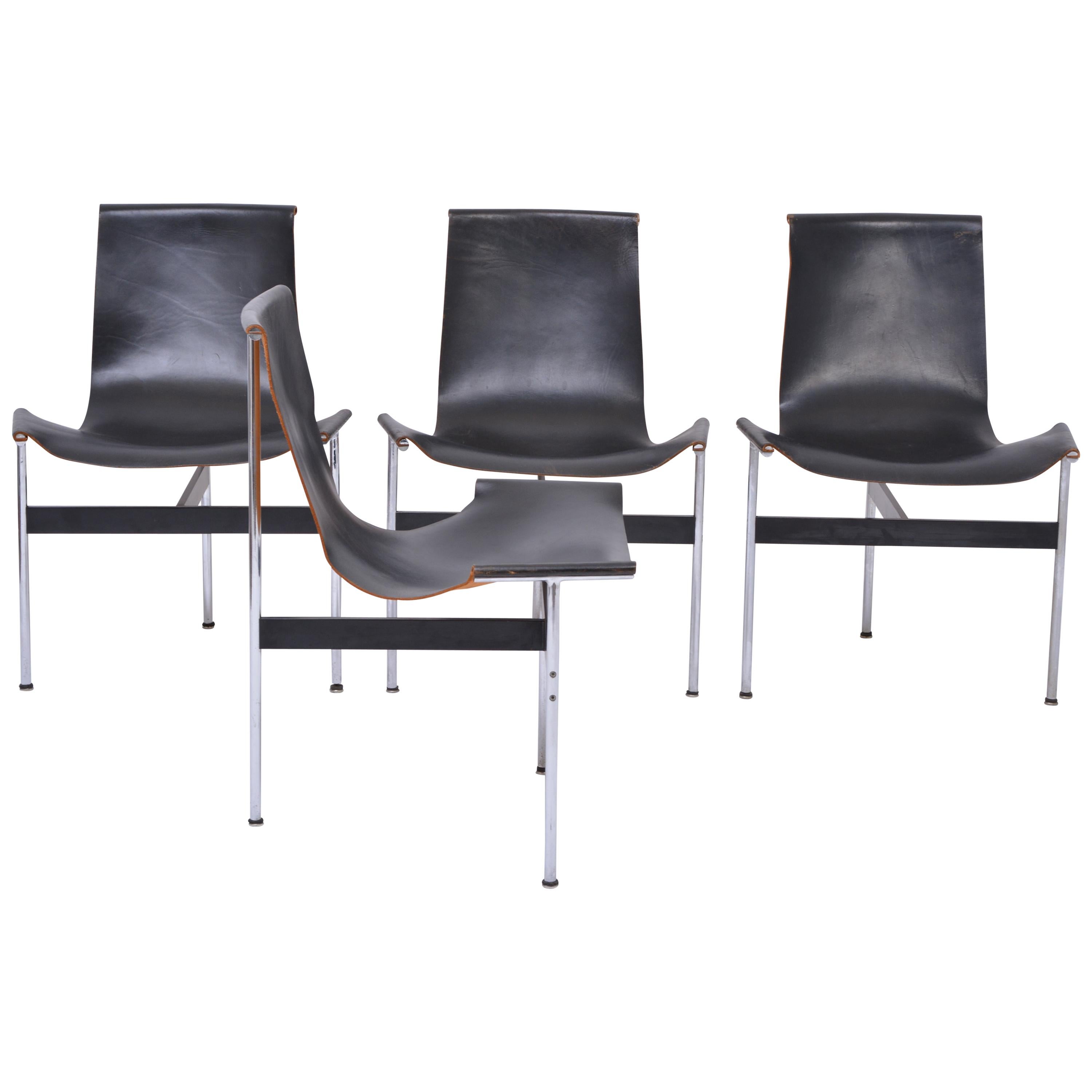 Set of Four Midcentury T-Chairs in black Leather by Katavolos, Littell and Kelly