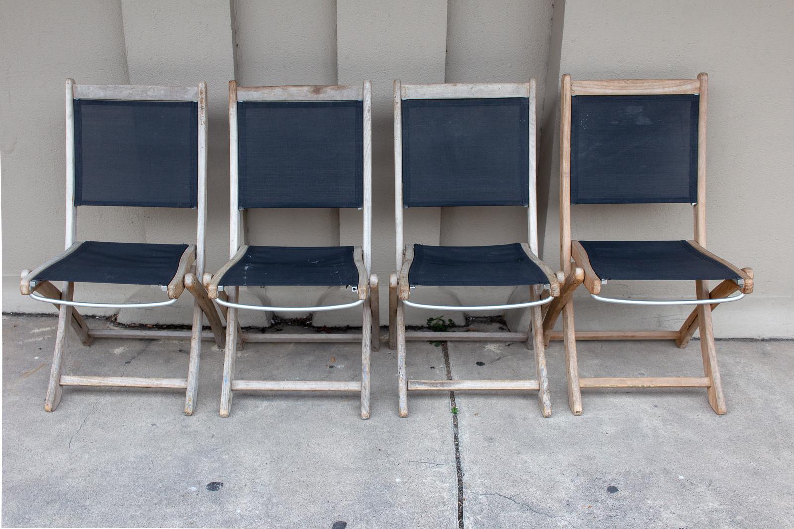 Set of Four Vintage Teak and Nylon Folding Outdoor Chairs Found in France 7