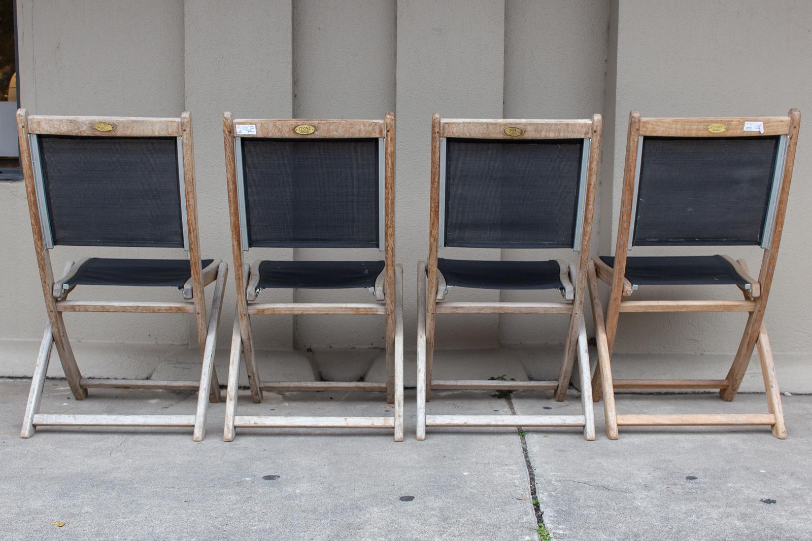 French Set of Four Vintage Teak and Nylon Folding Outdoor Chairs Found in France