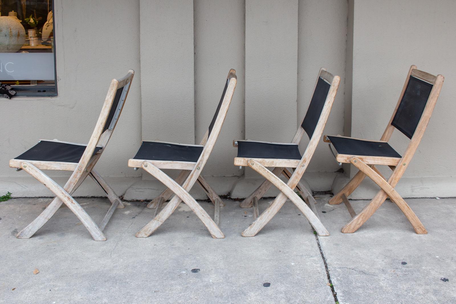 Set of Four Vintage Teak and Nylon Folding Outdoor Chairs Found in France 1