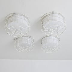 Set of Four Vintage White Flush Mounts with Metal Cage Protectors, Finland 1960s