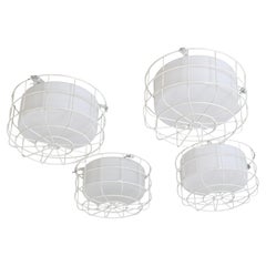 Set of Four Vintage White Flush Mounts with Metal Cage Protectors, Finland 1960s