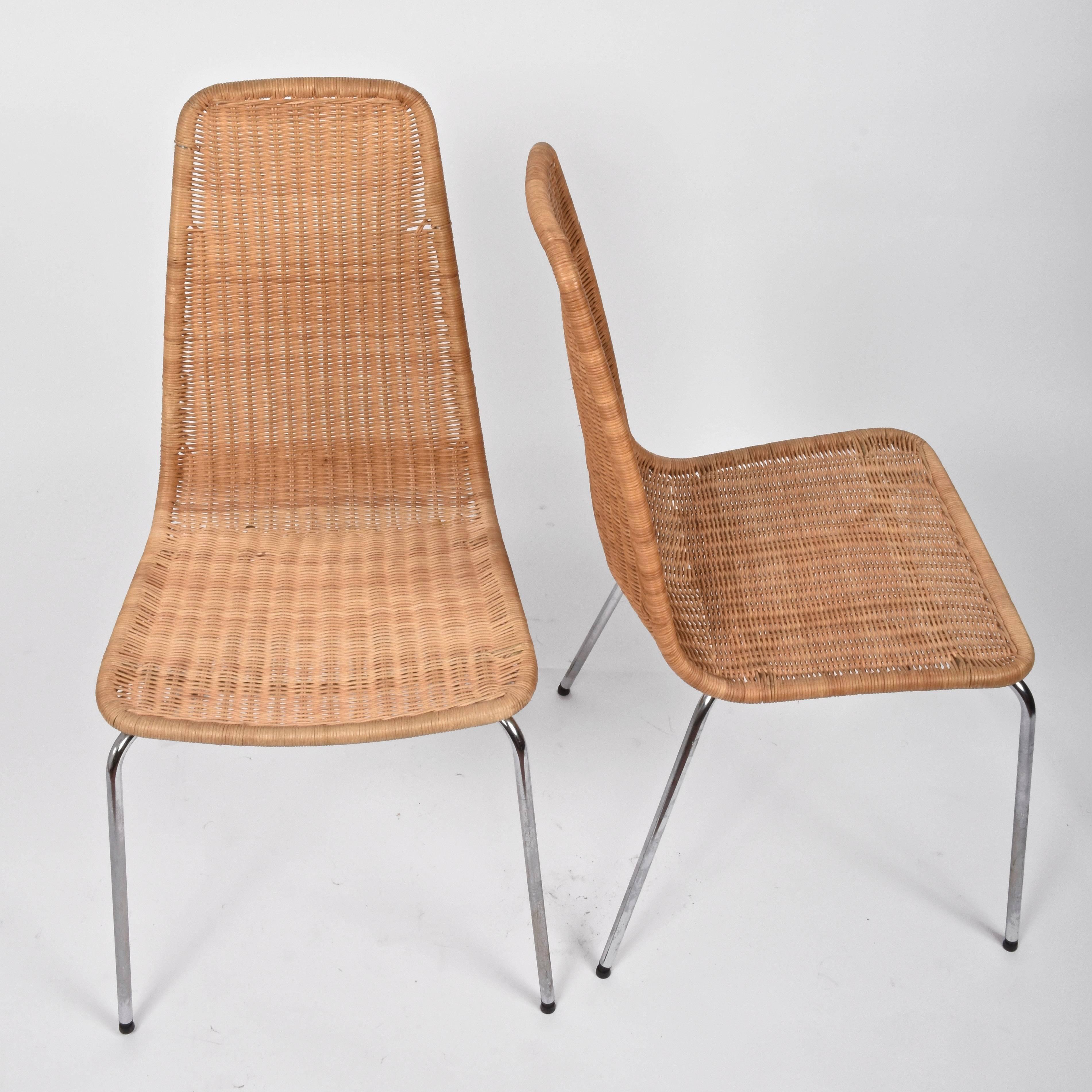 Midcentury Removable Rattan Wicker and Chromed Metal Italian Chairs, 1970s 3