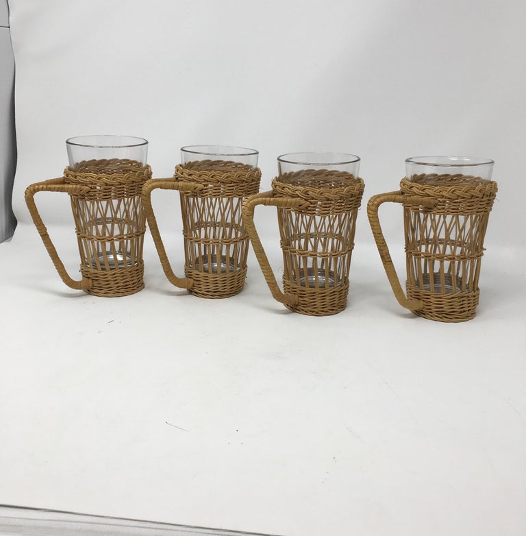 Set of Four Vintage Wicker Rattan Glass Holders with Tumblers at 1stDibs