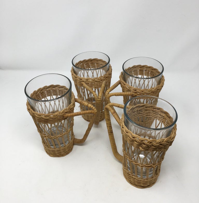 Set of Four Vintage Wicker Rattan Glass Holders with Tumblers at 1stDibs