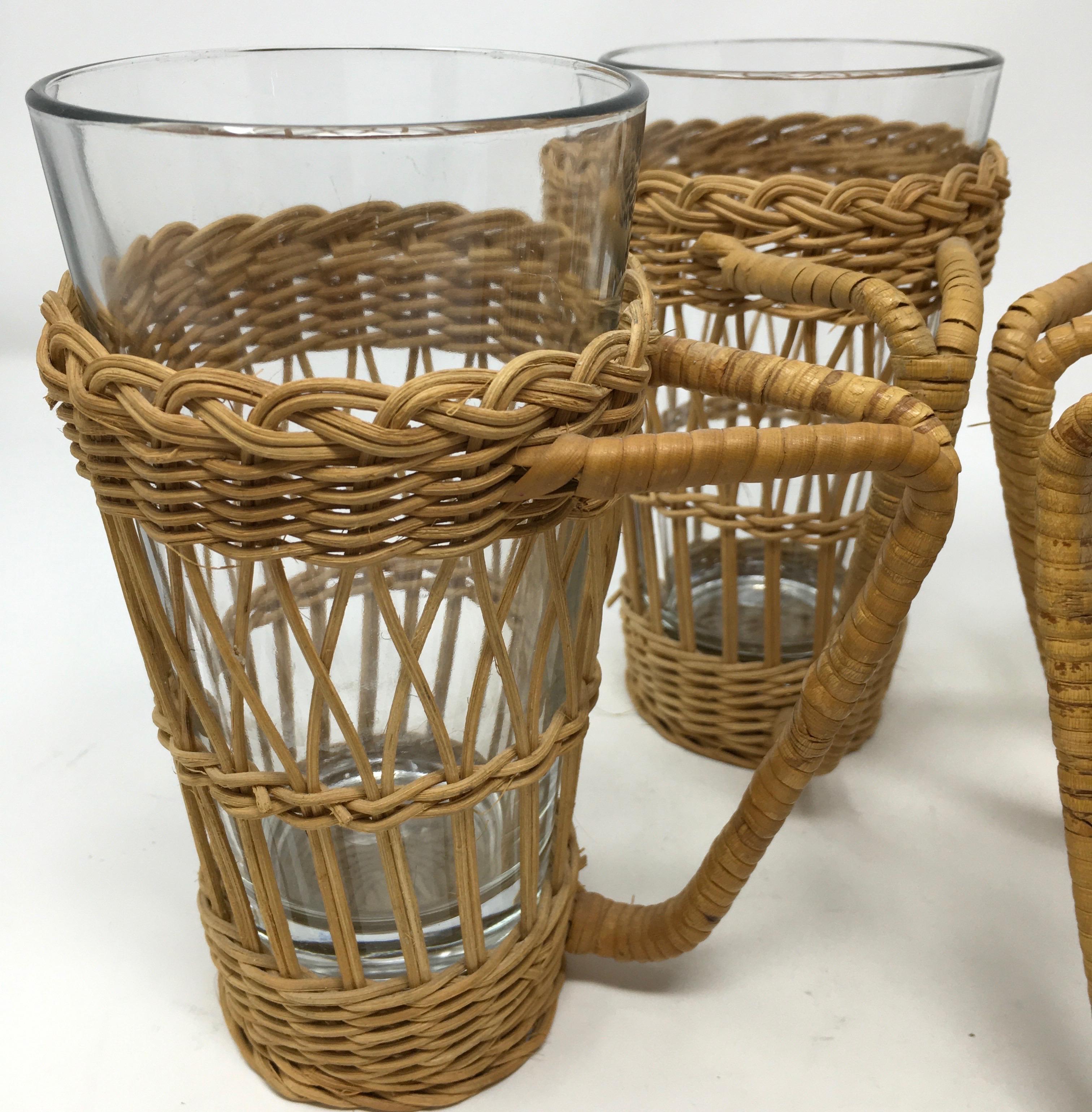 American Set of Four Vintage Wicker Rattan Glass Holders with Tumblers