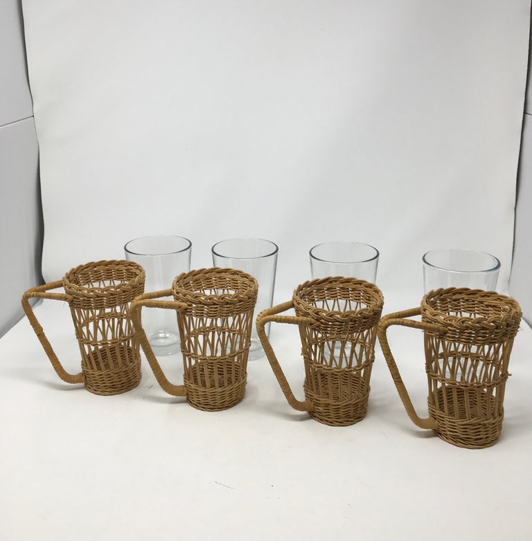 Set of Four Vintage Wicker Rattan Glass Holders with Tumblers at