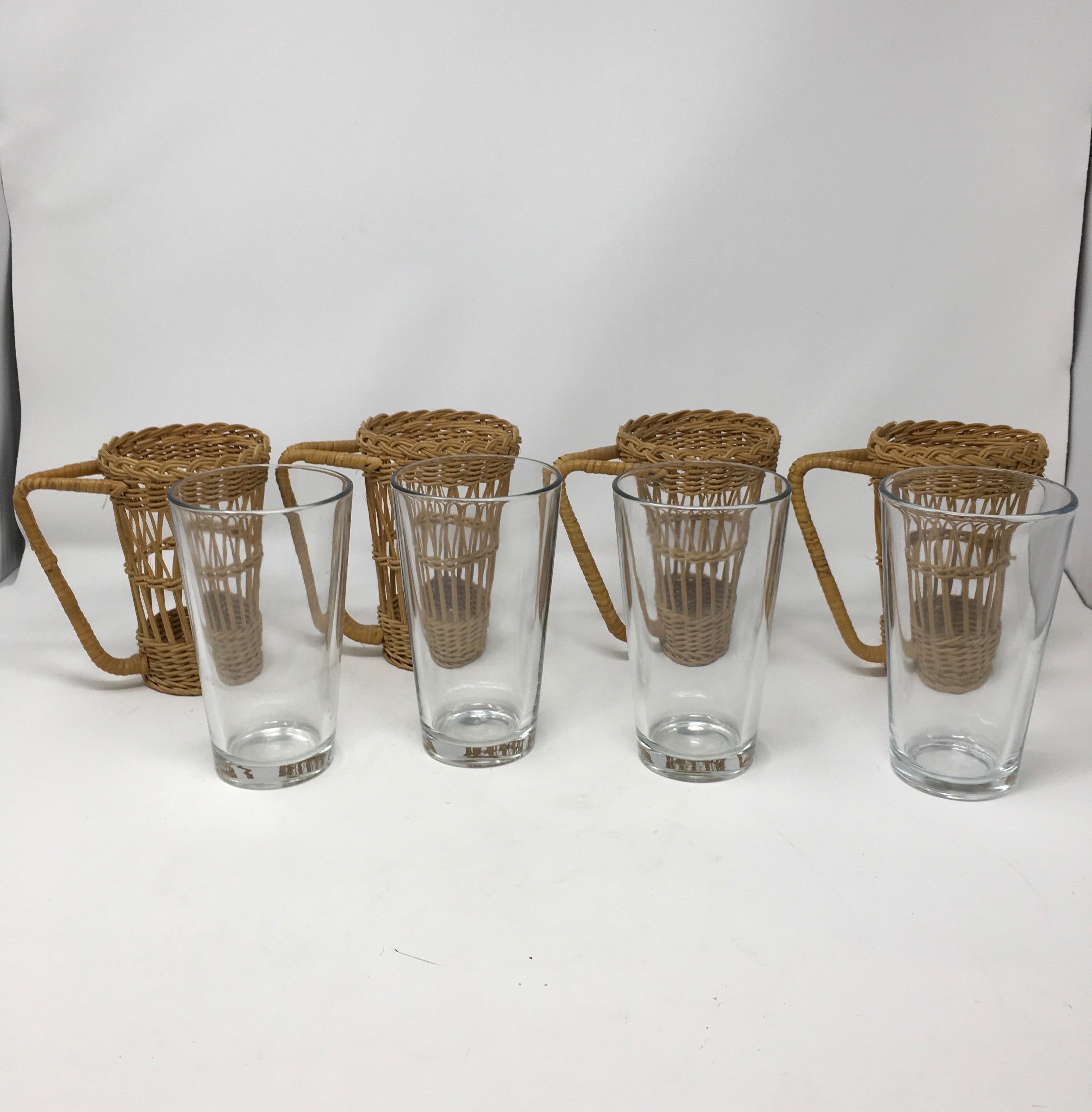 Set of Four Vintage Wicker Rattan Glass Holders with Tumblers 1