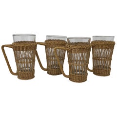 Set of Four Vintage Wicker Rattan Glass Holders with Tumblers