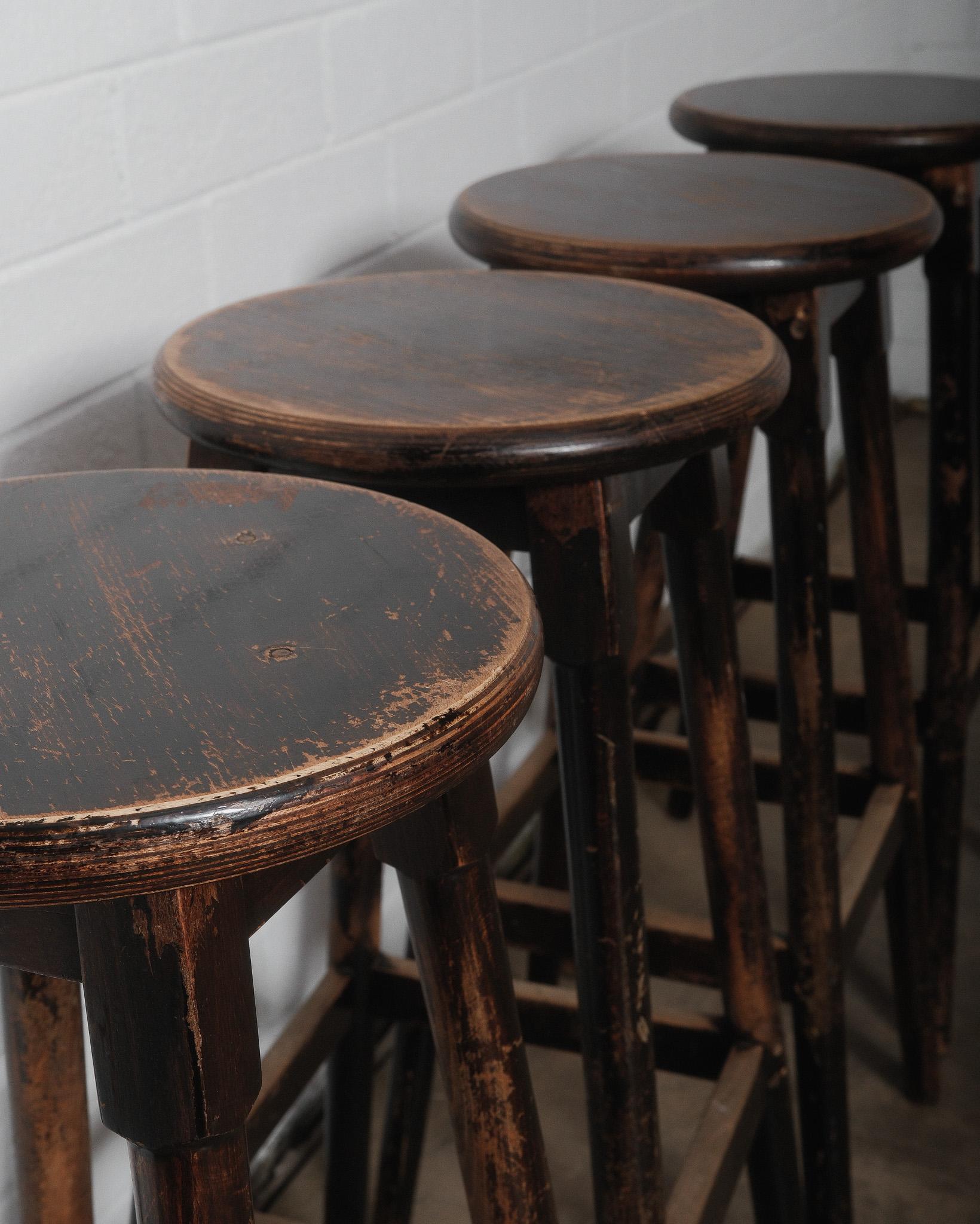 Rustic Set of Four Vintage Wooden Bar Stools For Sale