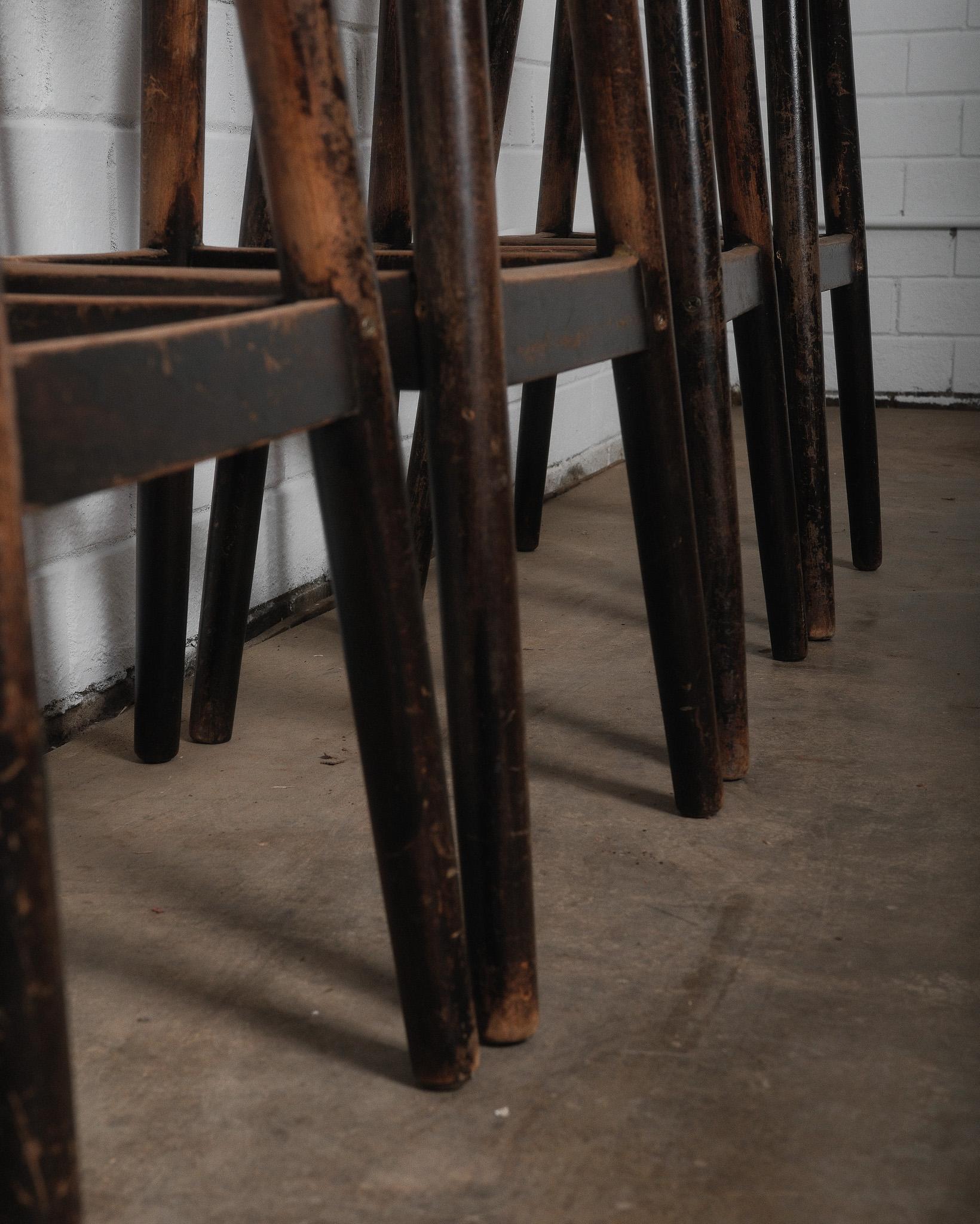 Rustic Set of Four Vintage Wooden Bar Stools For Sale