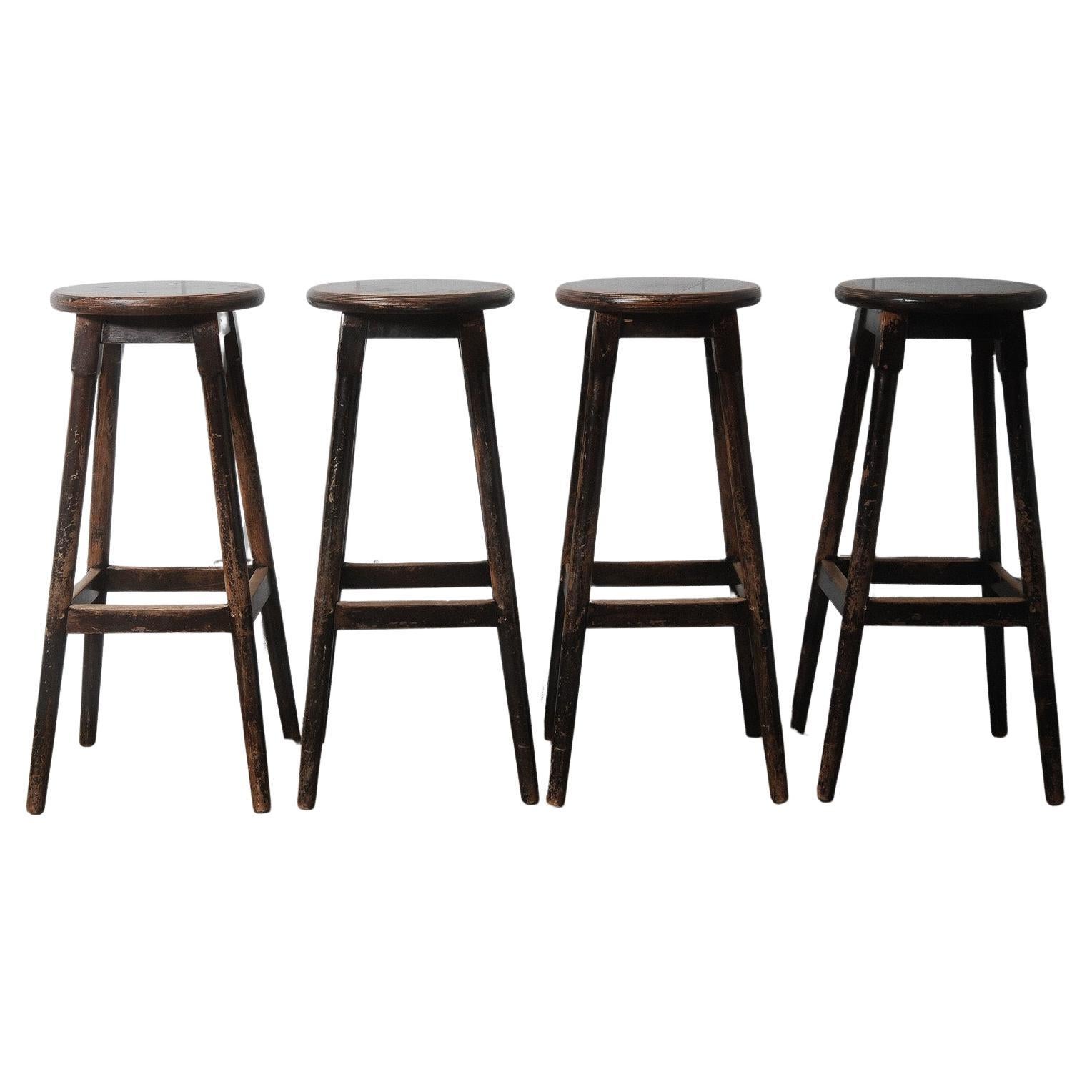 Set of Four Vintage Wooden Bar Stools
