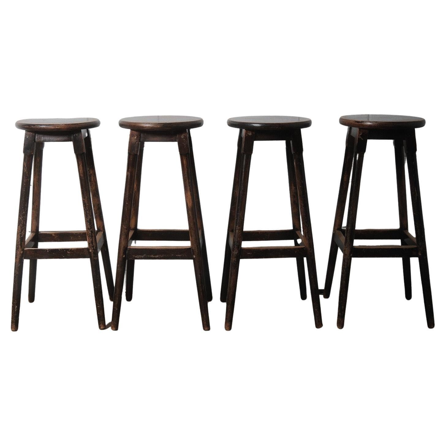 Set of Four Vintage Wooden Bar Stools