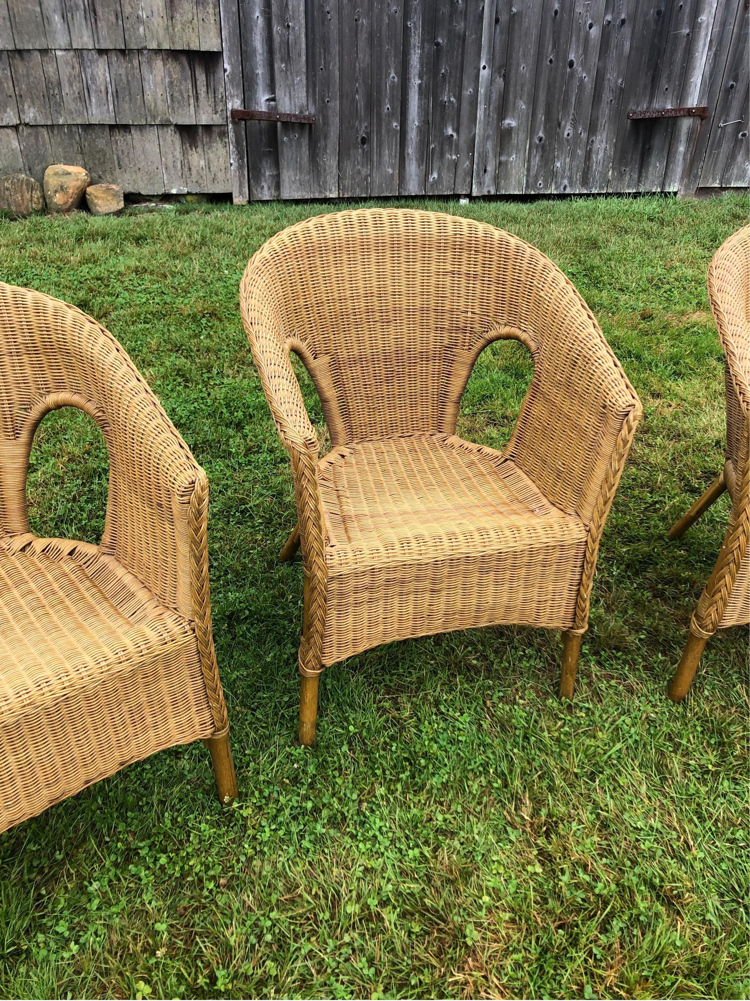 American Set Of Four Vintage Woven Wicker Chairs For Sale